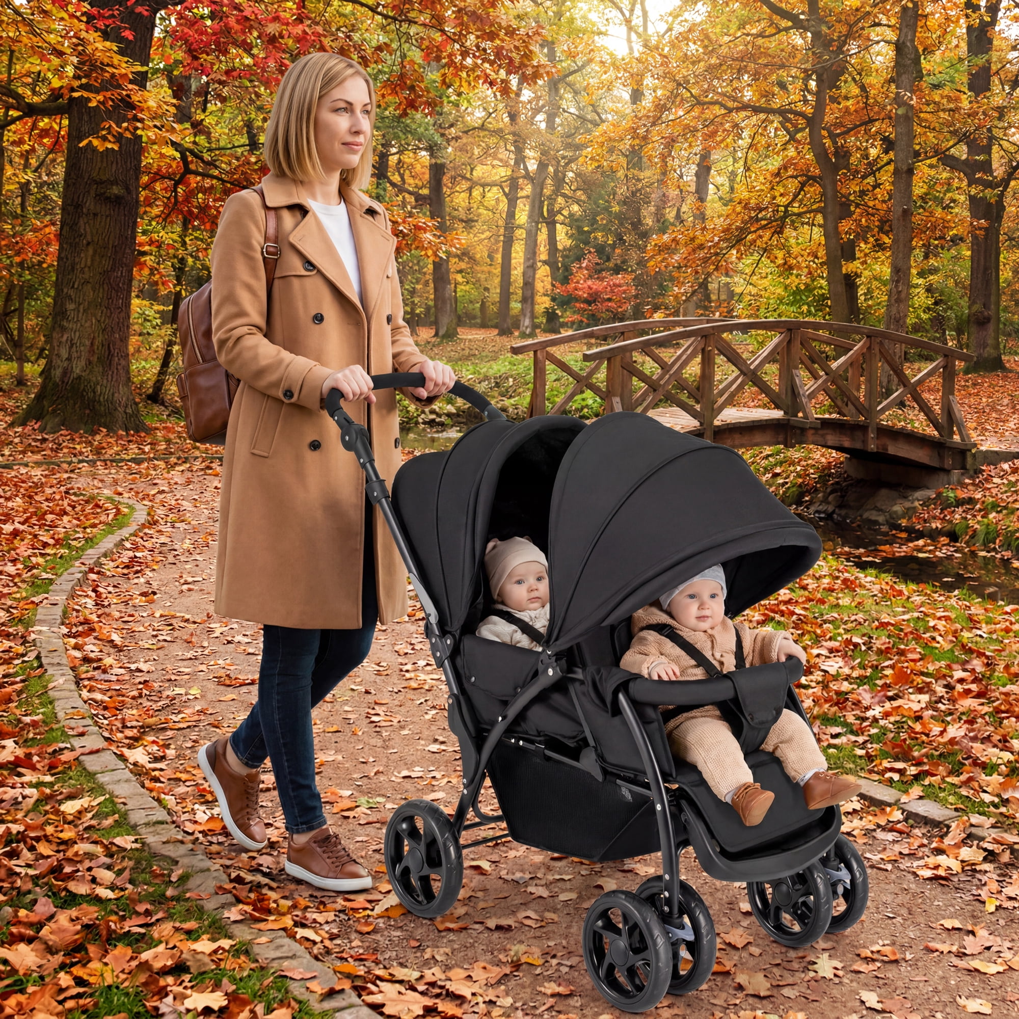 ELLEGNT Folding Twin Stroller with Tandem Seats, Adjustable Backrest, Canopy and Lockable Wheels, Black - Image 5