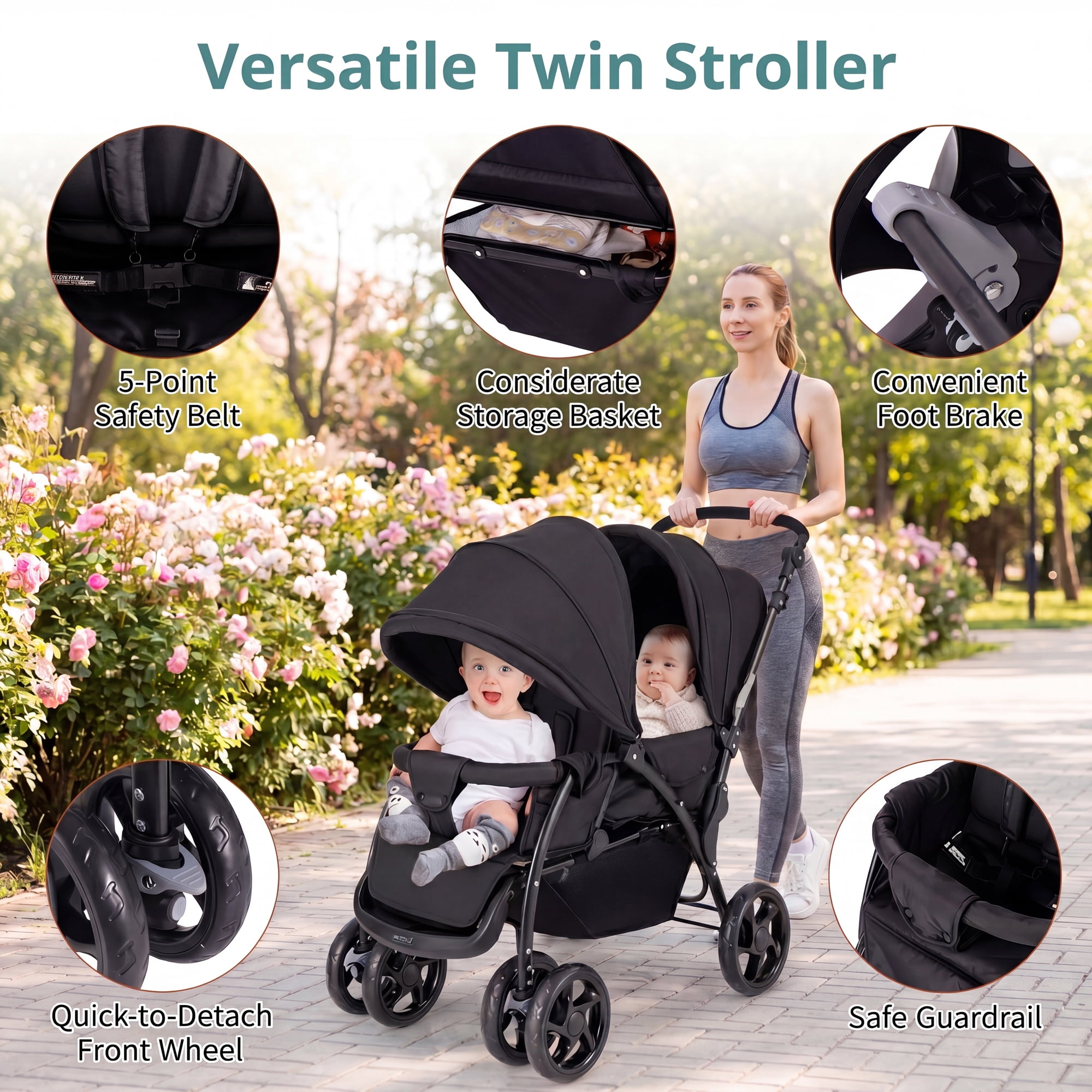ELLEGNT Folding Twin Stroller with Tandem Seats, Adjustable Backrest, Canopy and Lockable Wheels, Black - Image 3