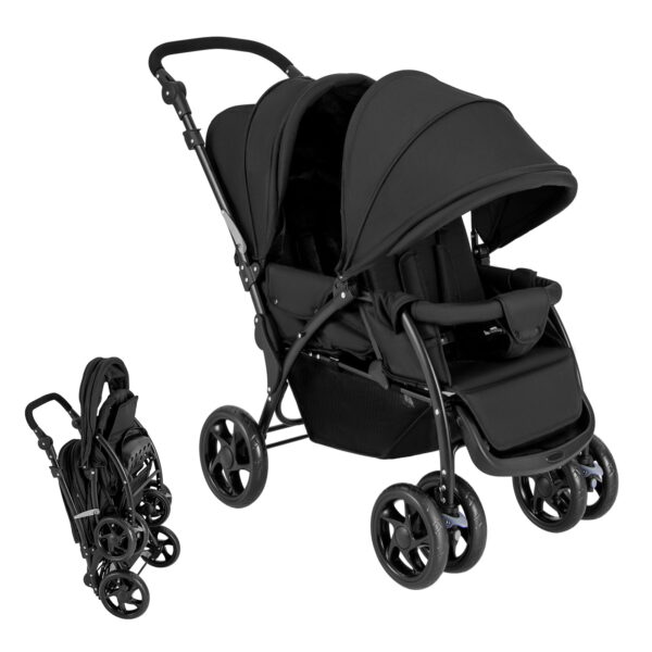 ELLEGNT Folding Twin Stroller with Tandem Seats, Adjustable Backrest, Canopy and Lockable Wheels, Black