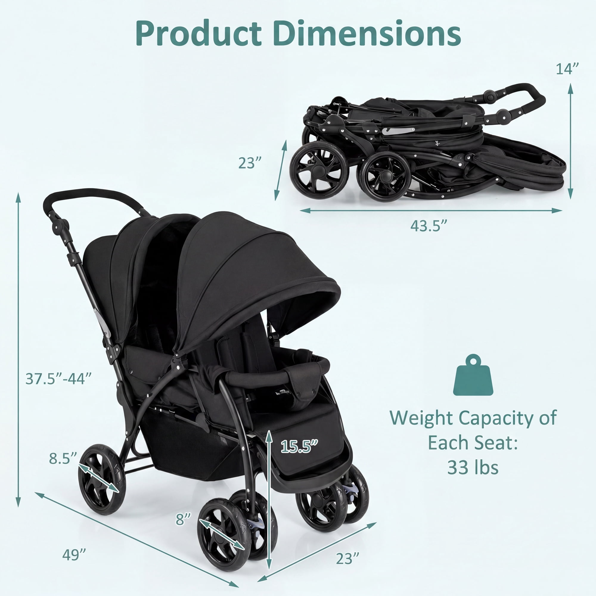ELLEGNT Folding Twin Stroller with Tandem Seats, Adjustable Backrest, Canopy and Lockable Wheels, Black - Image 2