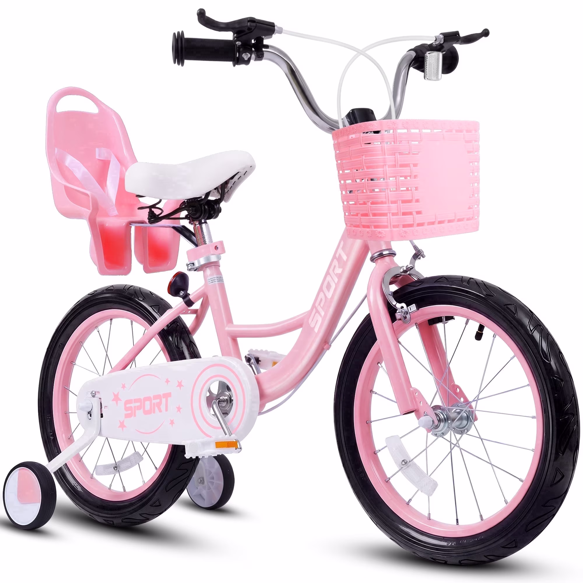Enjoyrun 16" Kids Bike,Girls Bike with Training Wheels,Basket and Doll Seat,Bicycle for Children Ages 5-8,Pink