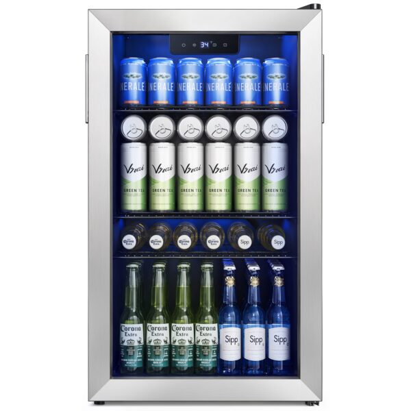 EUHOMY 130 Can Beverage Refrigerator and Cooler with Glass Door for Home, 17.3 in D, 31.5 in H, Quite, for Soda Beer drinks, Silver