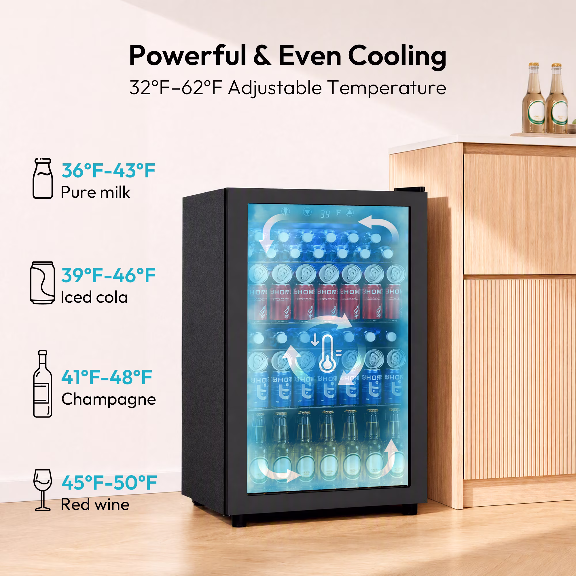 EUHOMY 150 Can Beverage Refrigerator and Wine Cooler, 4.5 cu ft, Glass Door, Adjustable Shelves, Digital Temperature Control, for Home, Quite - Image 2