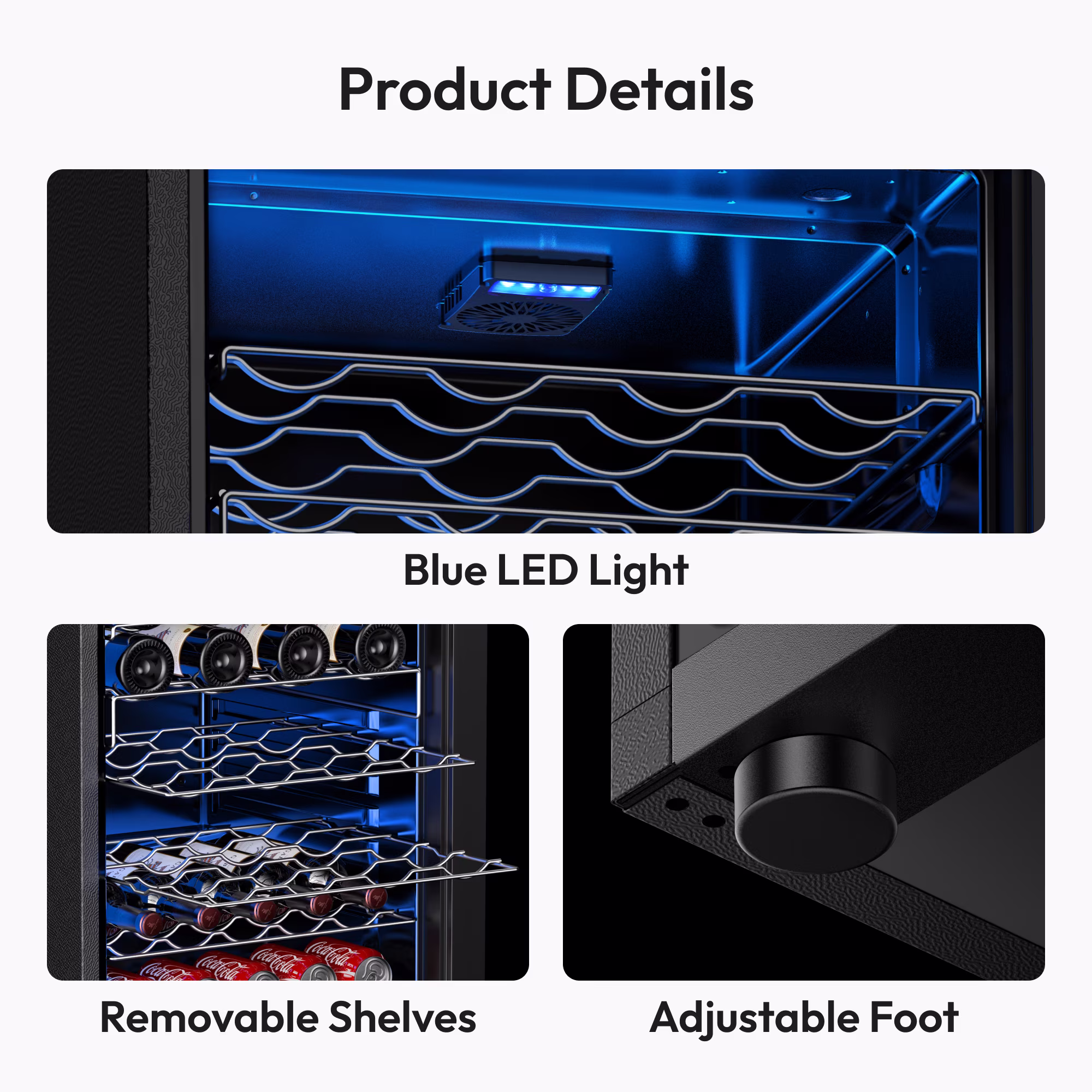 EUHOMY 45 Bottle Wine Cooler, Black Stainless Steel Wine Fridge with Triple-Pane Glass Door, 6 Adjustable Shelves, Digital 40°F–61°F, Auto Defrost, Blue LED, Quiet Compressor, Black - Image 5