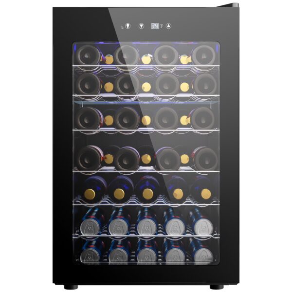 EUHOMY 45 Bottle Wine Cooler, Black Stainless Steel Wine Fridge with Triple-Pane Glass Door, 6 Adjustable Shelves, Digital 40°F–61°F, Auto Defrost, Blue LED, Quiet Compressor, Black