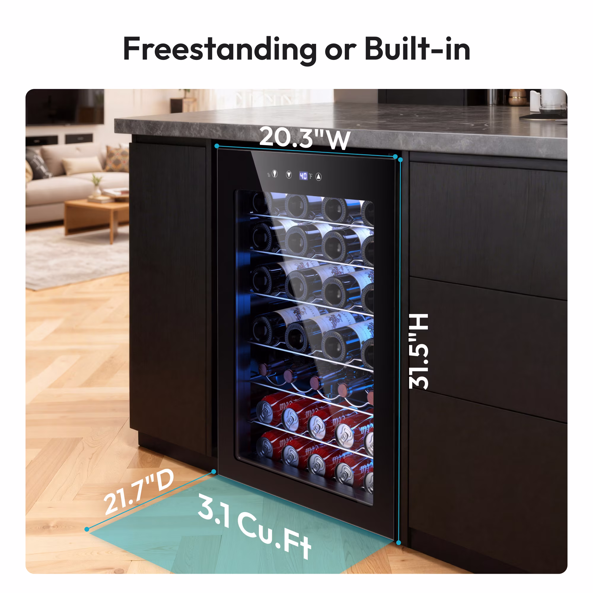 EUHOMY 45 Bottle Wine Cooler, Black Stainless Steel Wine Fridge with Triple-Pane Glass Door, 6 Adjustable Shelves, Digital 40°F–61°F, Auto Defrost, Blue LED, Quiet Compressor, Black - Image 4