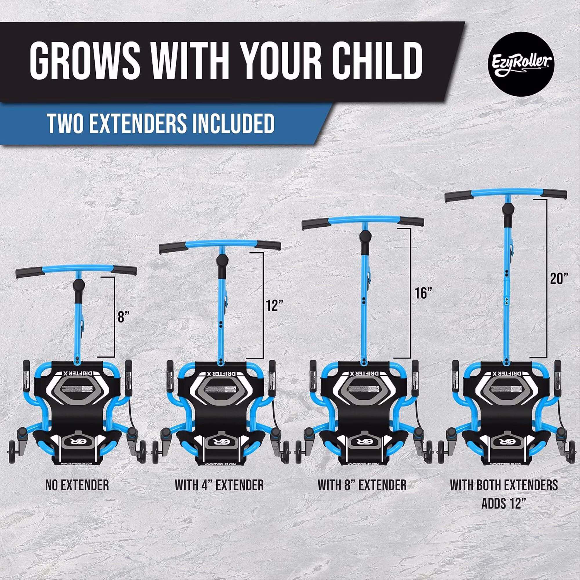 EzyRoller: Drifter X - Blue - Ride-On Scooter, Cambering Motion, Pedal Free Cart, Hand Brakes, Extendable Frame, 154lb Capacity, Adults & Kids Ages 6+ - Image 5