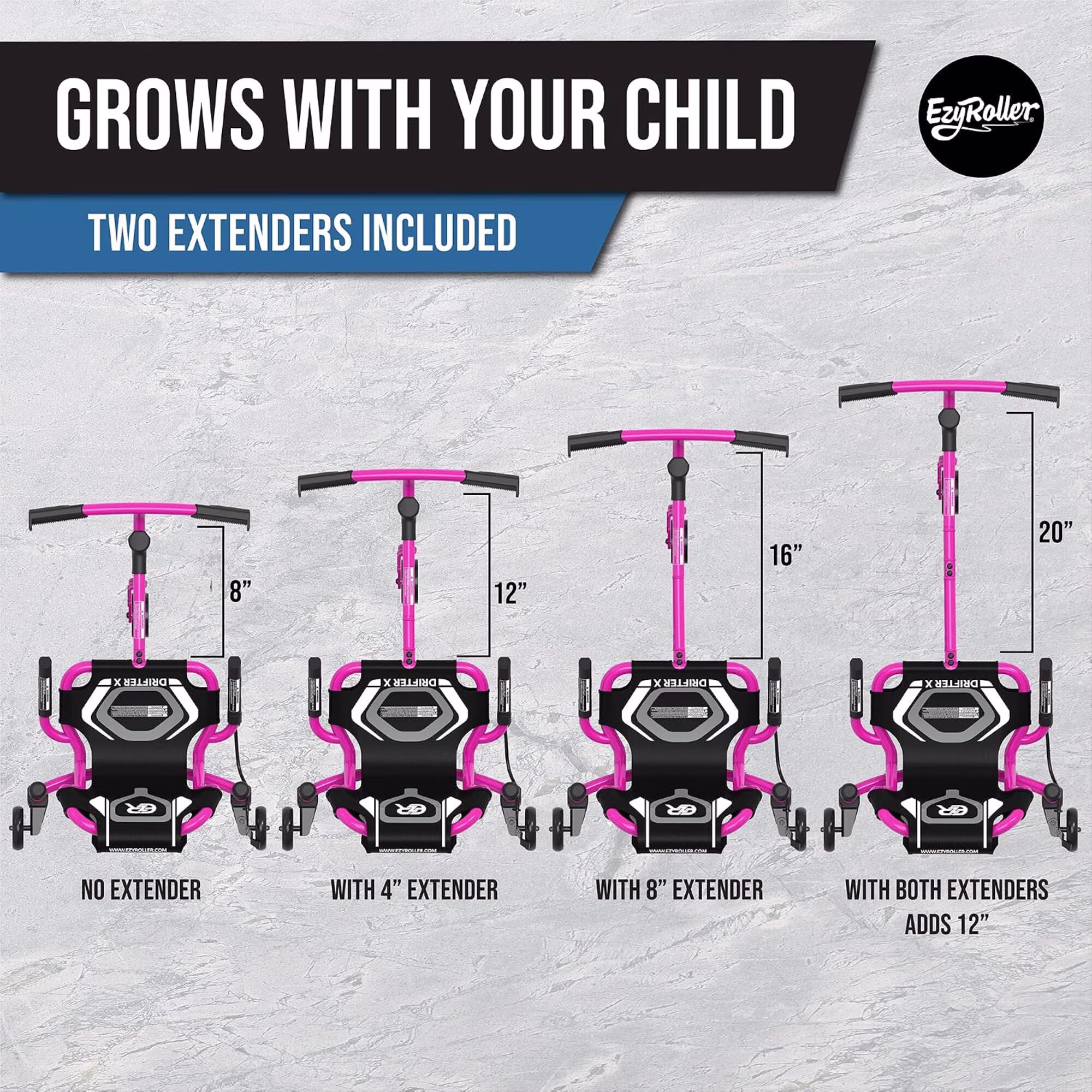 EzyRoller: Drifter X - Pink - Ride-On Scooter, Cambering Motion, Pedal Free Cart, Hand Brakes, Extendable Frame, 154lb Capacity, Adults & Kids Ages 6+ - Image 3