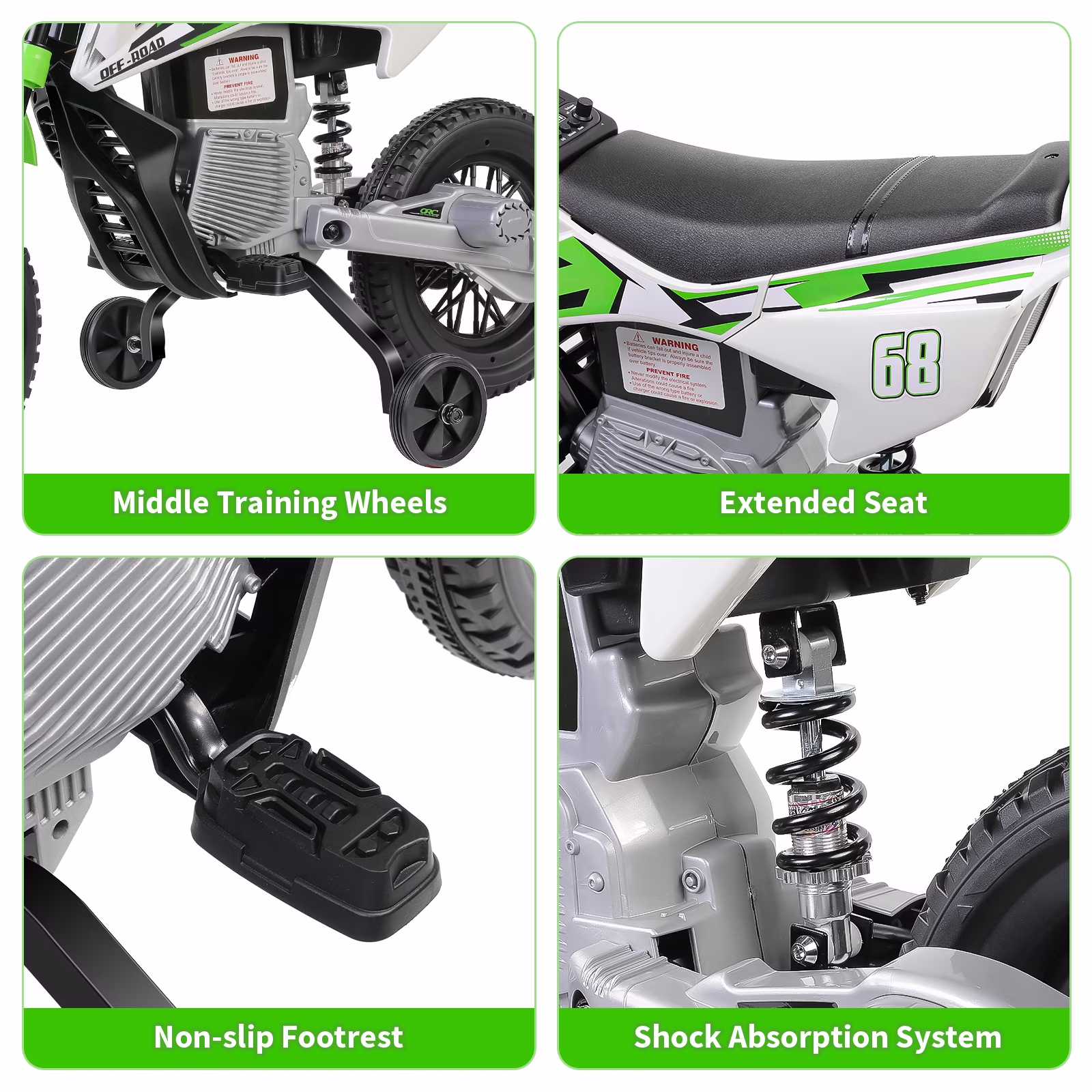 Farmdex 12V Electric Motorcycle for Kids, Electric Dirt Bike with 2 Training Wheels, Ride on Toy with Twist Grip Throttle, Built-in Music, 30W*2 Motors, Green - Image 2