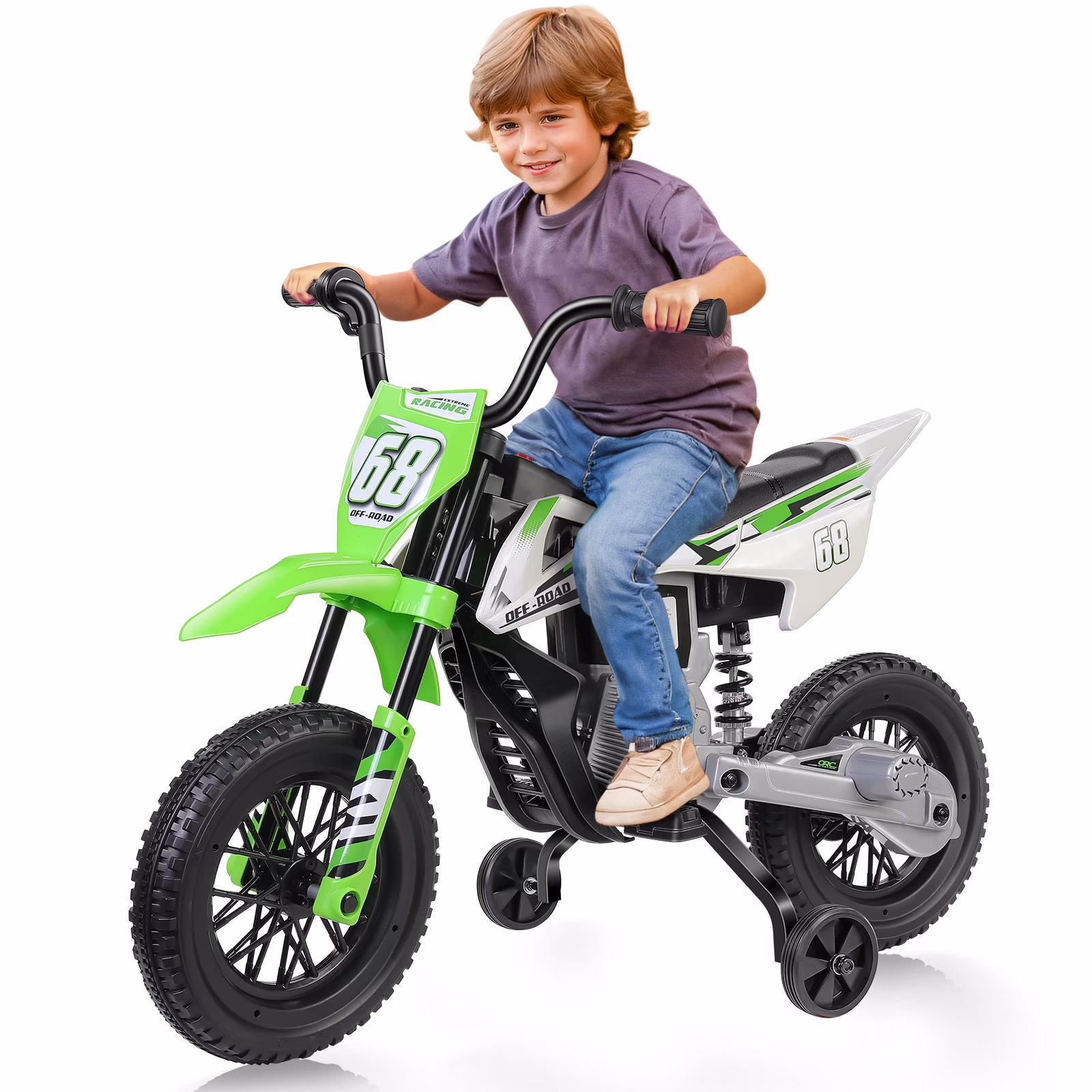 Farmdex 12V Electric Motorcycle for Kids, Electric Dirt Bike with 2 Training Wheels, Ride on Toy with Twist Grip Throttle, Built-in Music, 30W*2 Motors, Green