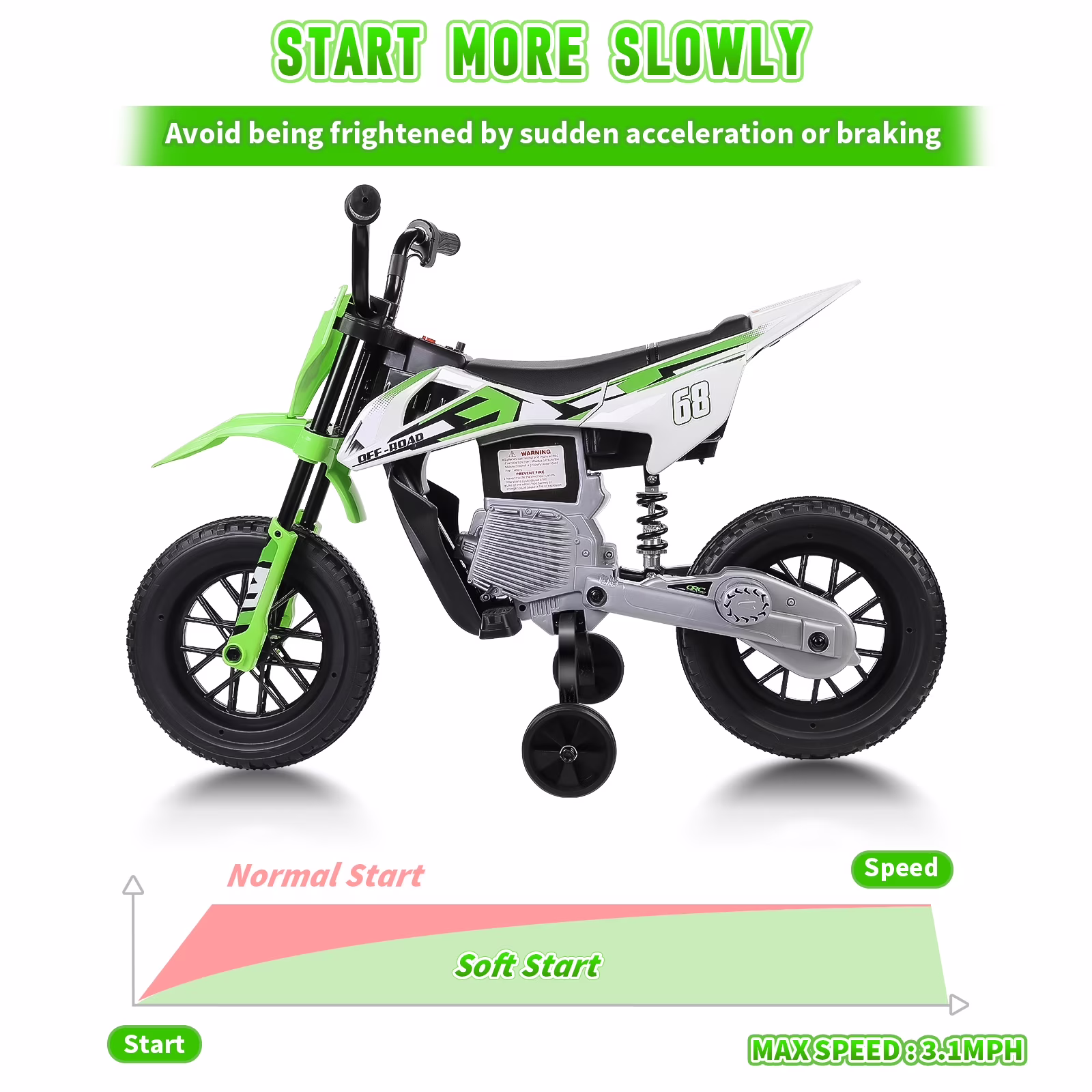 Farmdex 12V Electric Motorcycle for Kids, Electric Dirt Bike with 2 Training Wheels, Ride on Toy with Twist Grip Throttle, Built-in Music, 30W*2 Motors, Green - Image 5