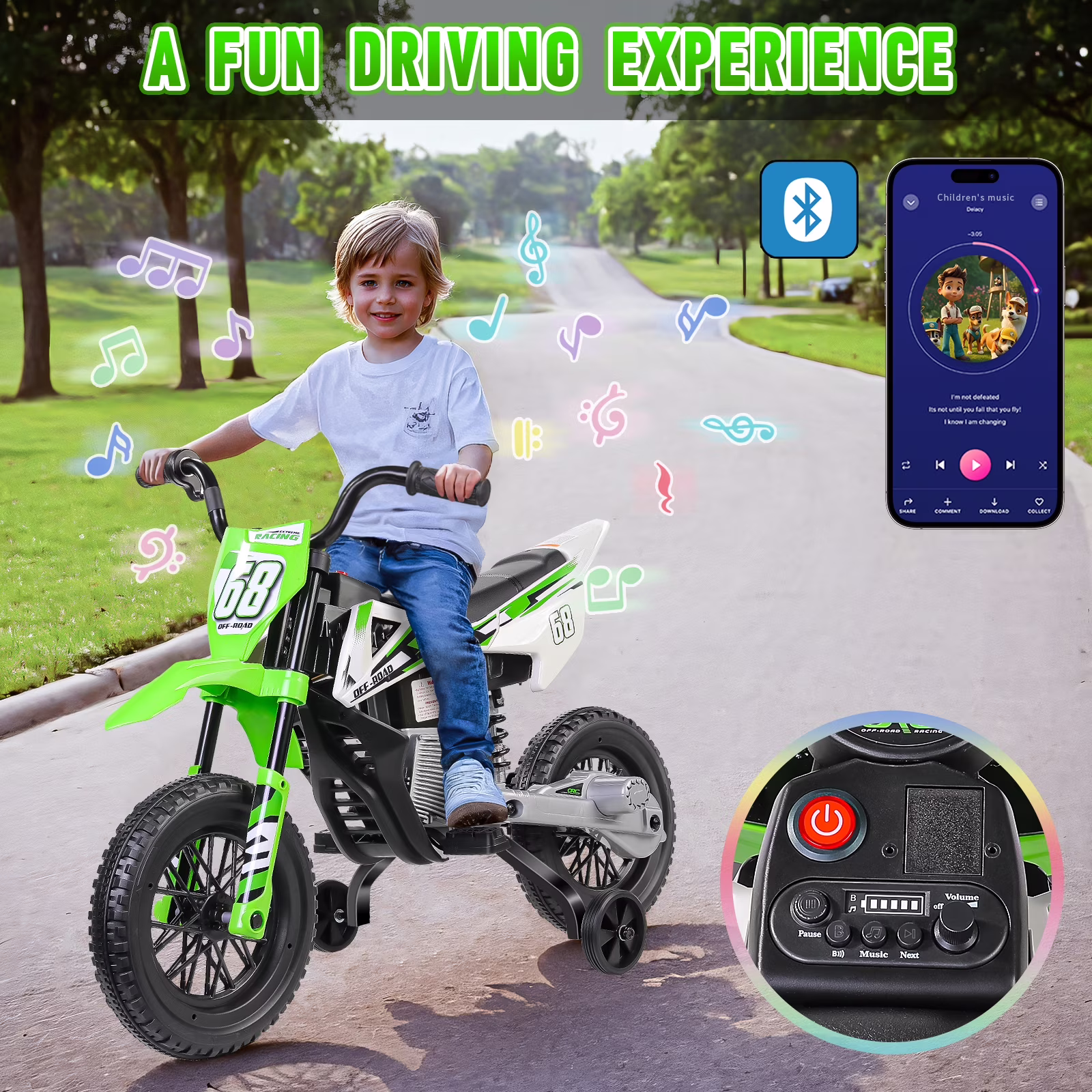 Farmdex 12V Electric Motorcycle for Kids, Electric Dirt Bike with 2 Training Wheels, Ride on Toy with Twist Grip Throttle, Built-in Music, 30W*2 Motors, Green - Image 3