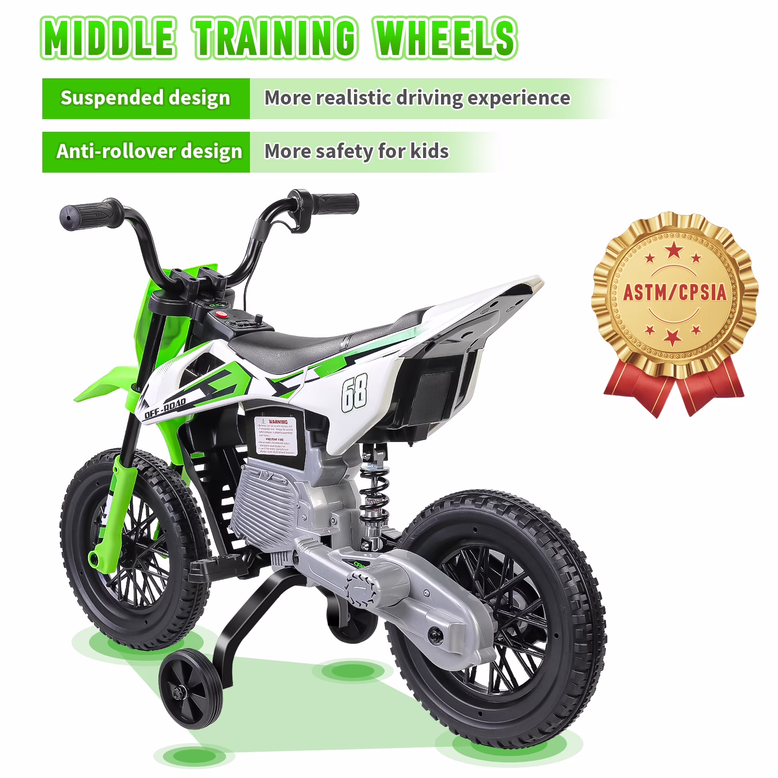 Farmdex 12V Electric Motorcycle for Kids, Electric Dirt Bike with 2 Training Wheels, Ride on Toy with Twist Grip Throttle, Built-in Music, 30W*2 Motors, Green - Image 4