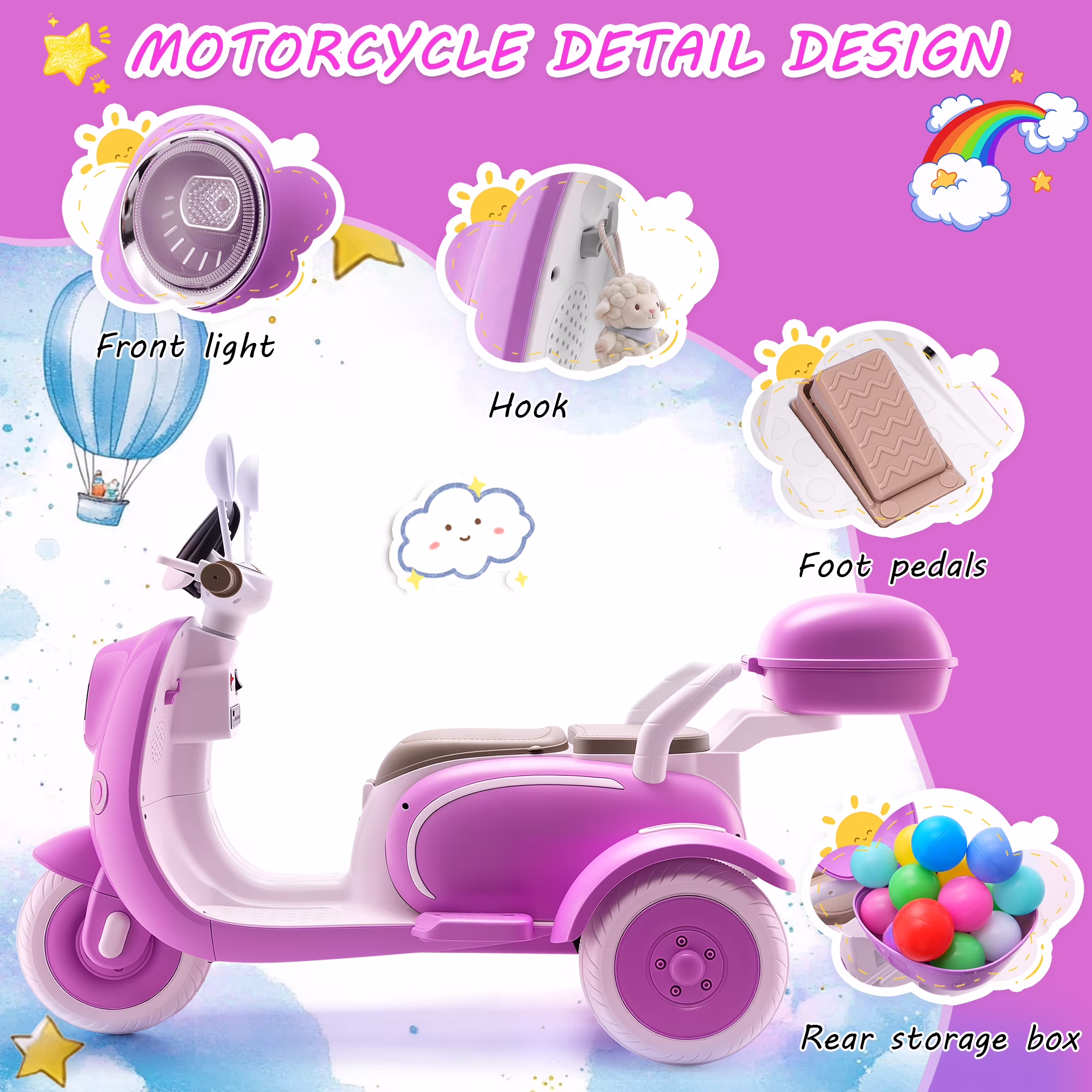 Farmdex 12V Kids Electric Motorcycle, 2 Seater Ride on Toys, 3 Wheel Ride on Motorcycle with Storage Box, USB, Music, LED Lights, Age 2+, Rose Red - Image 2