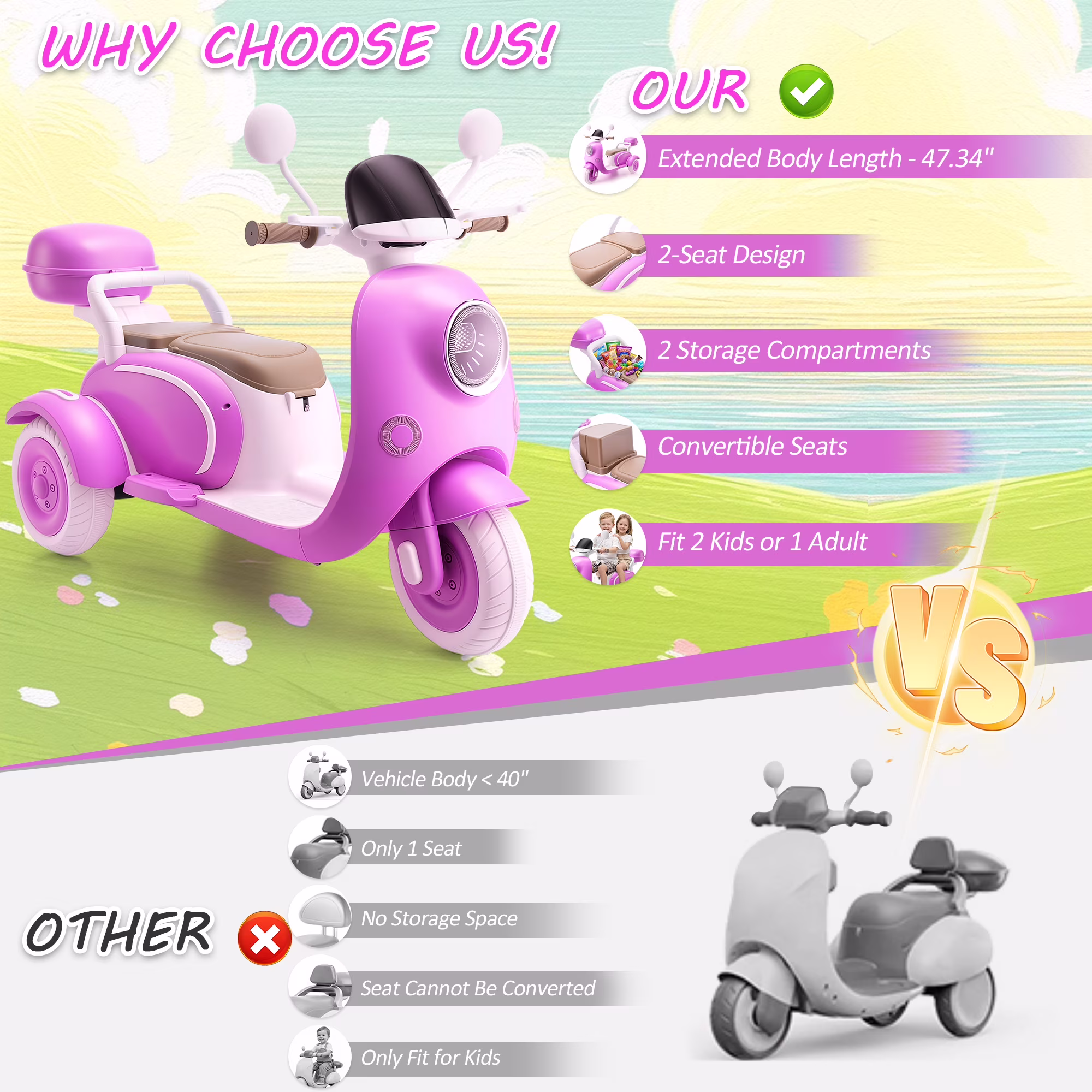 Farmdex 12V Kids Electric Motorcycle, 2 Seater Ride on Toys, 3 Wheel Ride on Motorcycle with Storage Box, USB, Music, LED Lights, Age 2+, Rose Red - Image 3