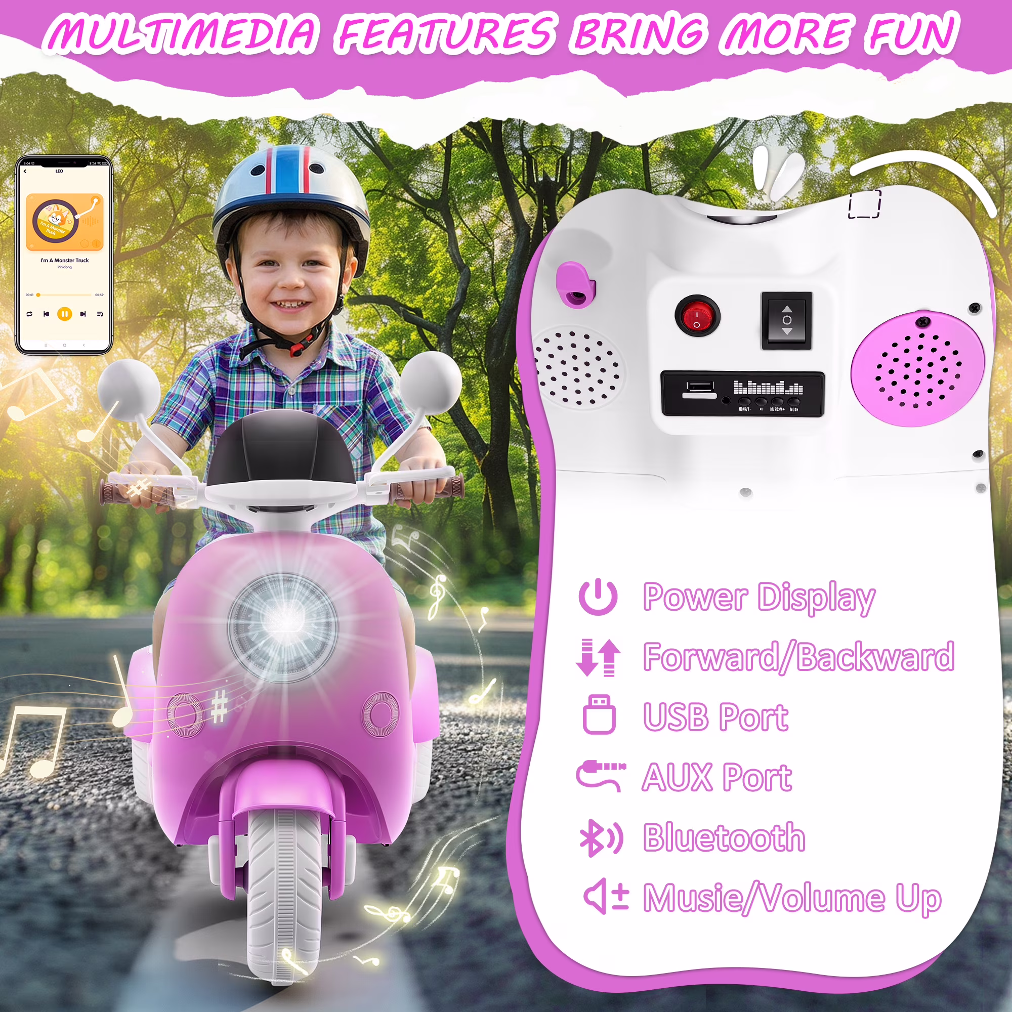 Farmdex 12V Kids Electric Motorcycle, 2 Seater Ride on Toys, 3 Wheel Ride on Motorcycle with Storage Box, USB, Music, LED Lights, Age 2+, Rose Red - Image 5