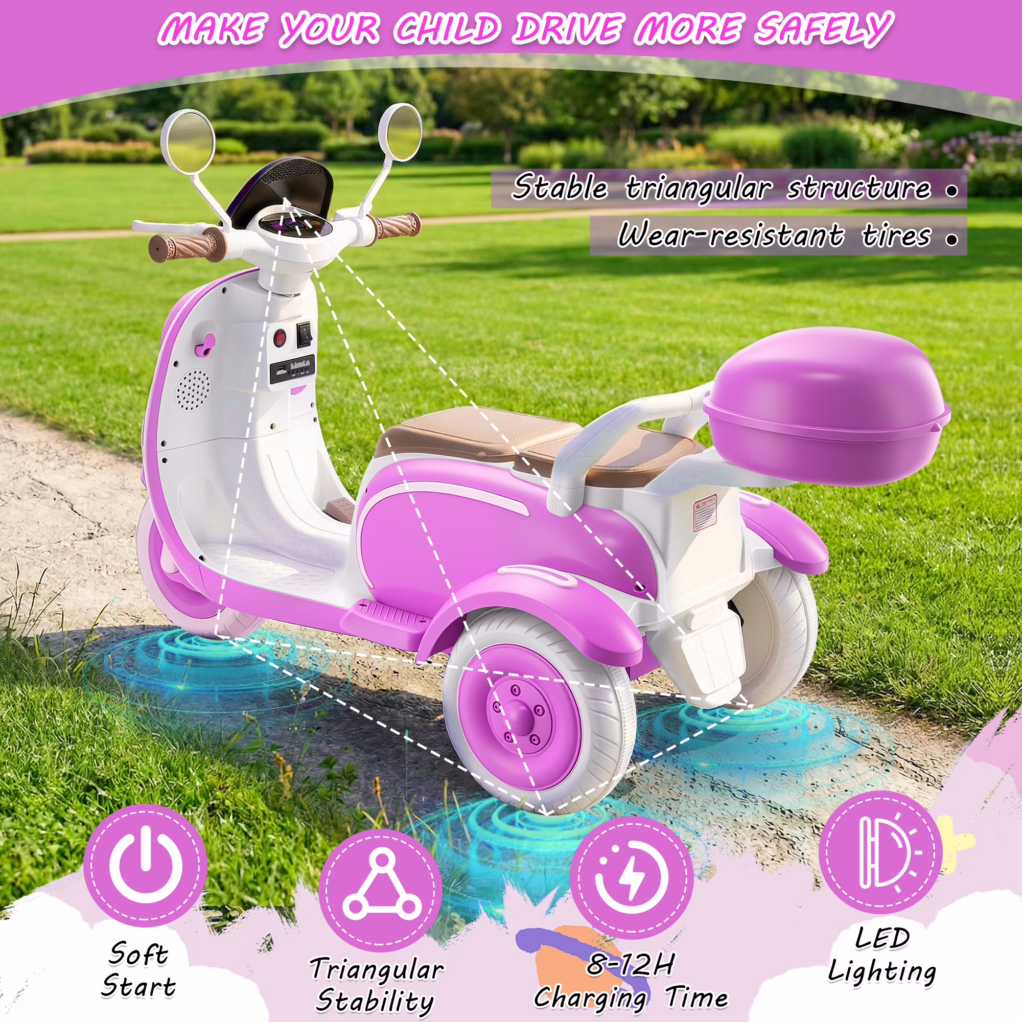 Farmdex 12V Kids Electric Motorcycle, 2 Seater Ride on Toys, 3 Wheel Ride on Motorcycle with Storage Box, USB, Music, LED Lights, Age 2+, Rose Red - Image 4