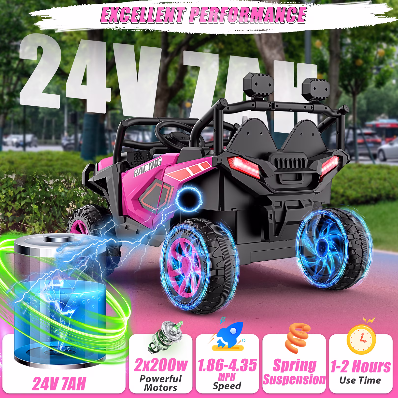 Farmdex 24 Volt 2 Seater Ride on Toys with Remote Control, 400W Powered Ride on Cars 7AH Electric Car w/ Bluetooth, Dashboard, Max Speed 4.4 MPH, Aged 3-8, Spring Suspension, Rose Red - Image 2