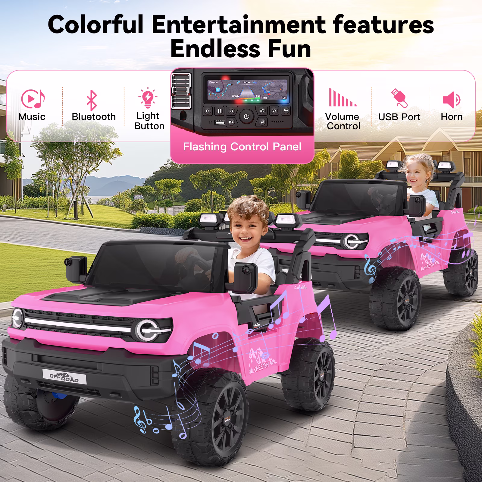 Farmdex 24V Ride on Toys with Remote Control, 2 XL Seater Electric Truck Car for Kids w/ 22'' Large Seat, 4WD/2WD Switchable, Powered Ride on Cars w/ Bluetooth, LED Lights, 3 Speeds, 4 x 200W, Pink - Image 2