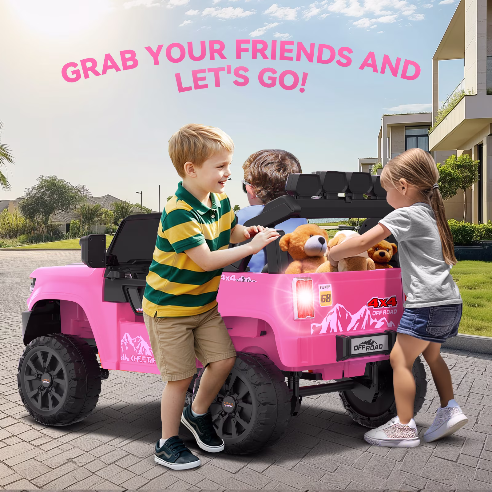 Farmdex 24V Ride on Toys with Remote Control, 2 XL Seater Electric Truck Car for Kids w/ 22'' Large Seat, 4WD/2WD Switchable, Powered Ride on Cars w/ Bluetooth, LED Lights, 3 Speeds, 4 x 200W, Pink - Image 5