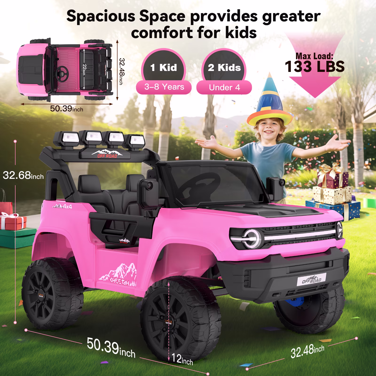 Farmdex 24V Ride on Toys with Remote Control, 2 XL Seater Electric Truck Car for Kids w/ 22'' Large Seat, 4WD/2WD Switchable, Powered Ride on Cars w/ Bluetooth, LED Lights, 3 Speeds, 4 x 200W, Pink - Image 4