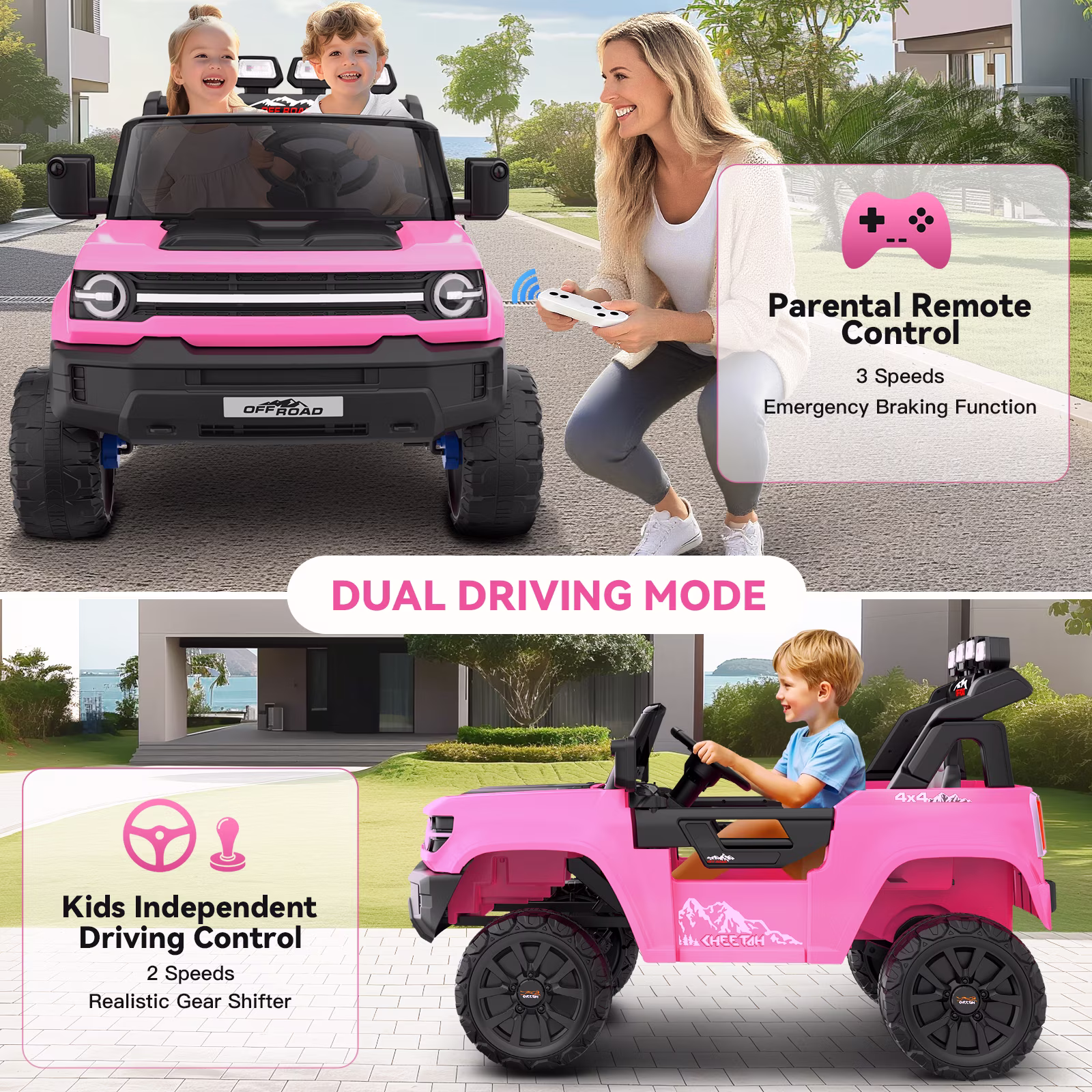 Farmdex 24V Ride on Toys with Remote Control, 2 XL Seater Electric Truck Car for Kids w/ 22'' Large Seat, 4WD/2WD Switchable, Powered Ride on Cars w/ Bluetooth, LED Lights, 3 Speeds, 4 x 200W, Pink - Image 3