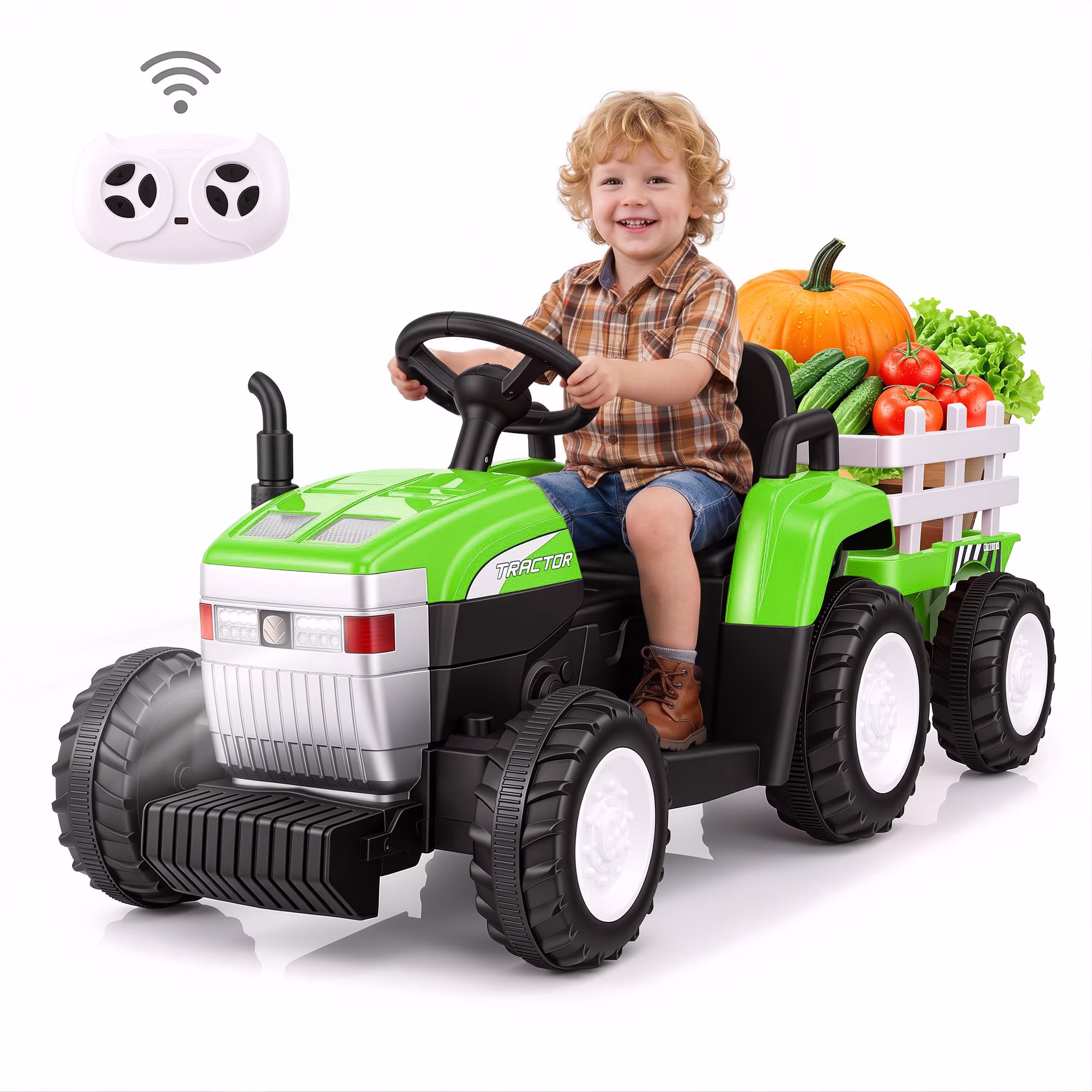Farmdex 24V Ride on Tractor with Detachable Trailer, Ride on Toys for Kids w/ Remote Control, Electric Cars for Kids, LED Lights, Bluetooth, Music, MP3, Green