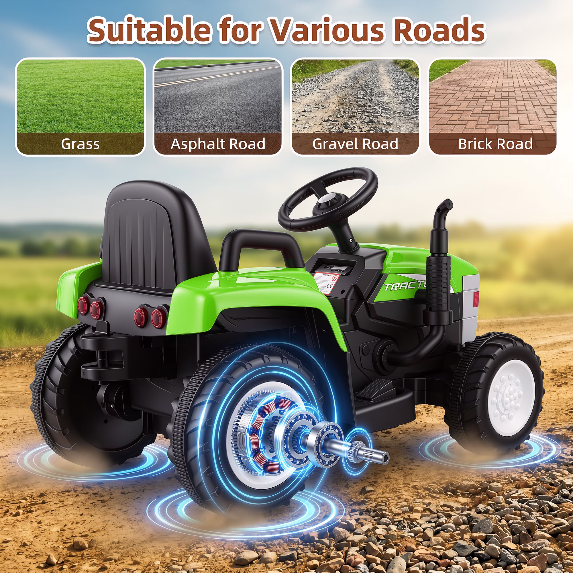 Farmdex 24V Ride on Tractor with Detachable Trailer, Ride on Toys for Kids w/ Remote Control, Electric Cars for Kids, LED Lights, Bluetooth, Music, MP3, Green - Image 3