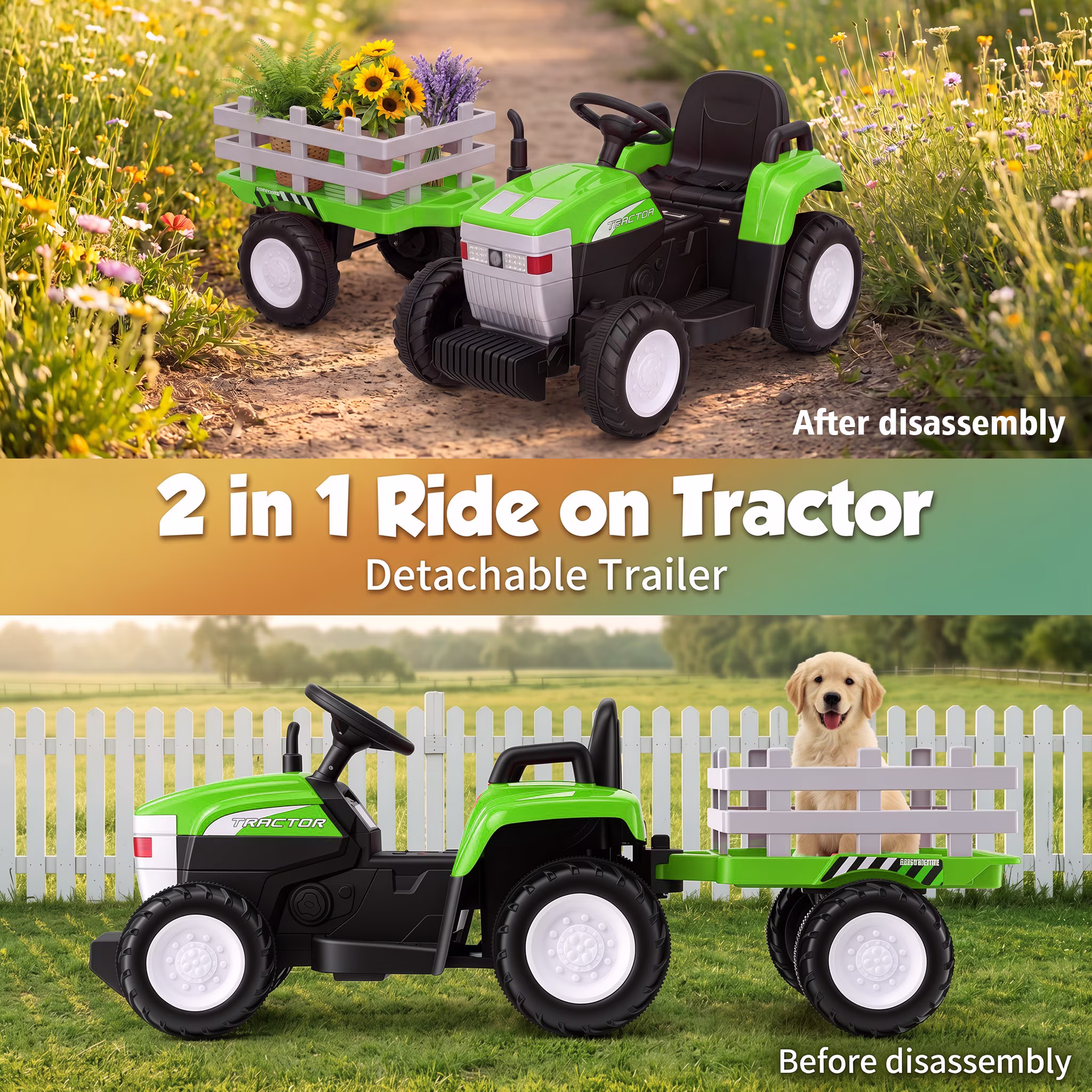 Farmdex 24V Ride on Tractor with Detachable Trailer, Ride on Toys for Kids w/ Remote Control, Electric Cars for Kids, LED Lights, Bluetooth, Music, MP3, Green - Image 5