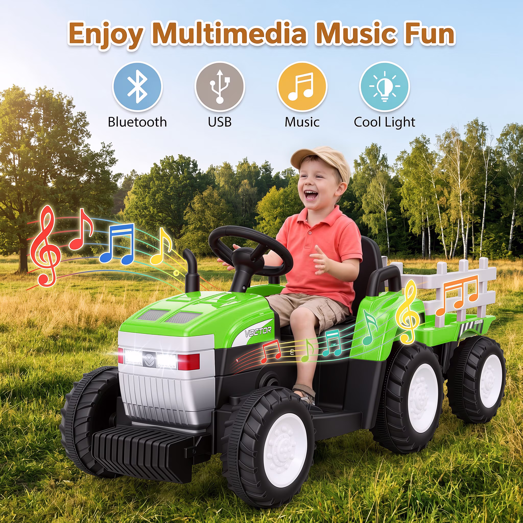 Farmdex 24V Ride on Tractor with Detachable Trailer, Ride on Toys for Kids w/ Remote Control, Electric Cars for Kids, LED Lights, Bluetooth, Music, MP3, Green - Image 2
