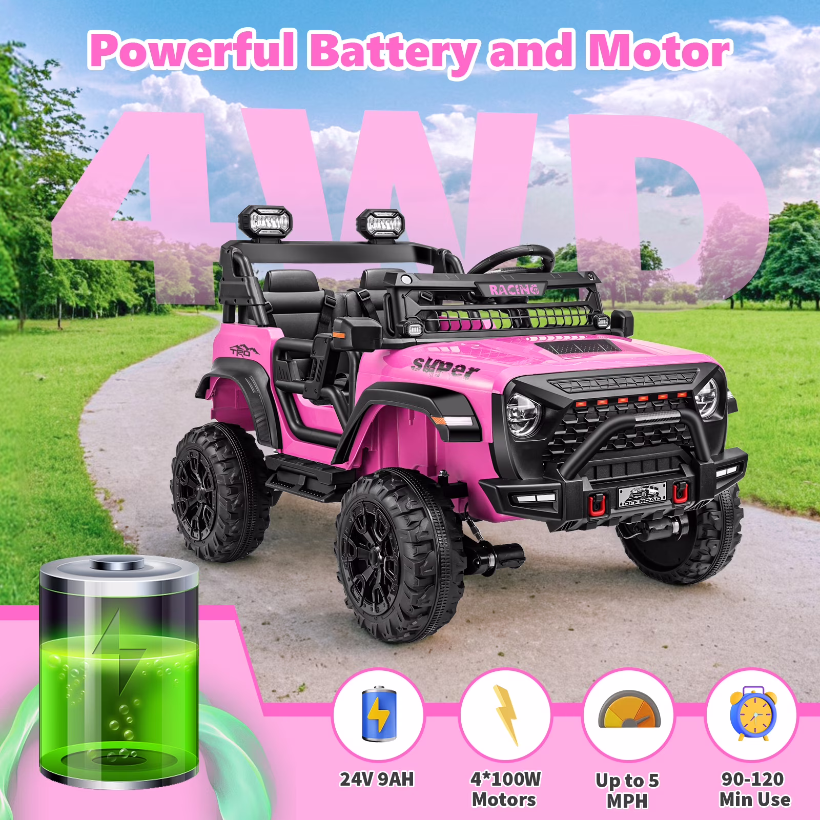 Farmdex 4WD 24V Ride on Cars with Remote Control, 2 XL Seaters, 9AH Electric Battery Powered Toys Car w/ 4 Wheels Spring Suspension, Bluetooth Music, LED Lights, 3 Speeds, Pink - Image 4