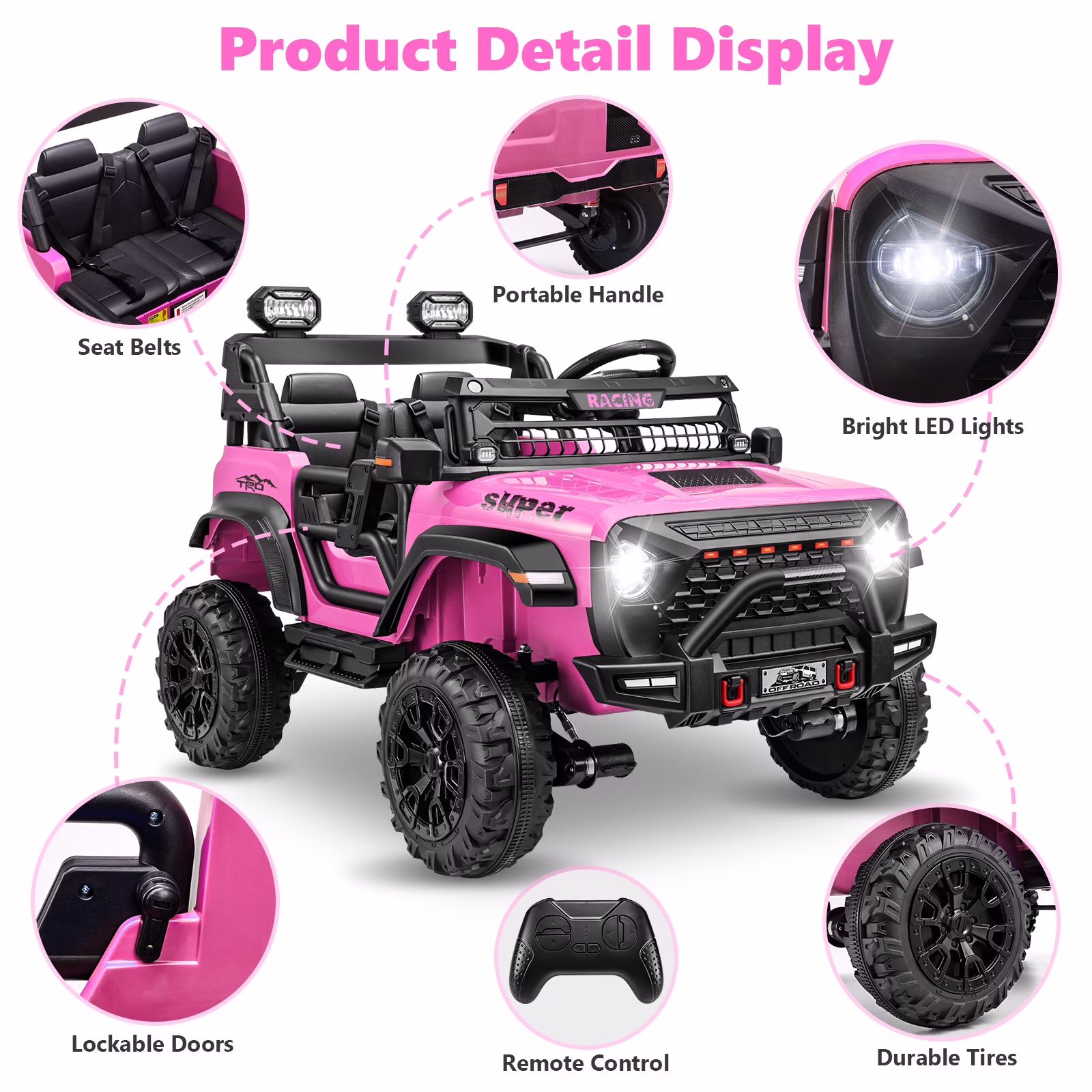 Farmdex 4WD 24V Ride on Cars with Remote Control, 2 XL Seaters, 9AH Electric Battery Powered Toys Car w/ 4 Wheels Spring Suspension, Bluetooth Music, LED Lights, 3 Speeds, Pink - Image 5