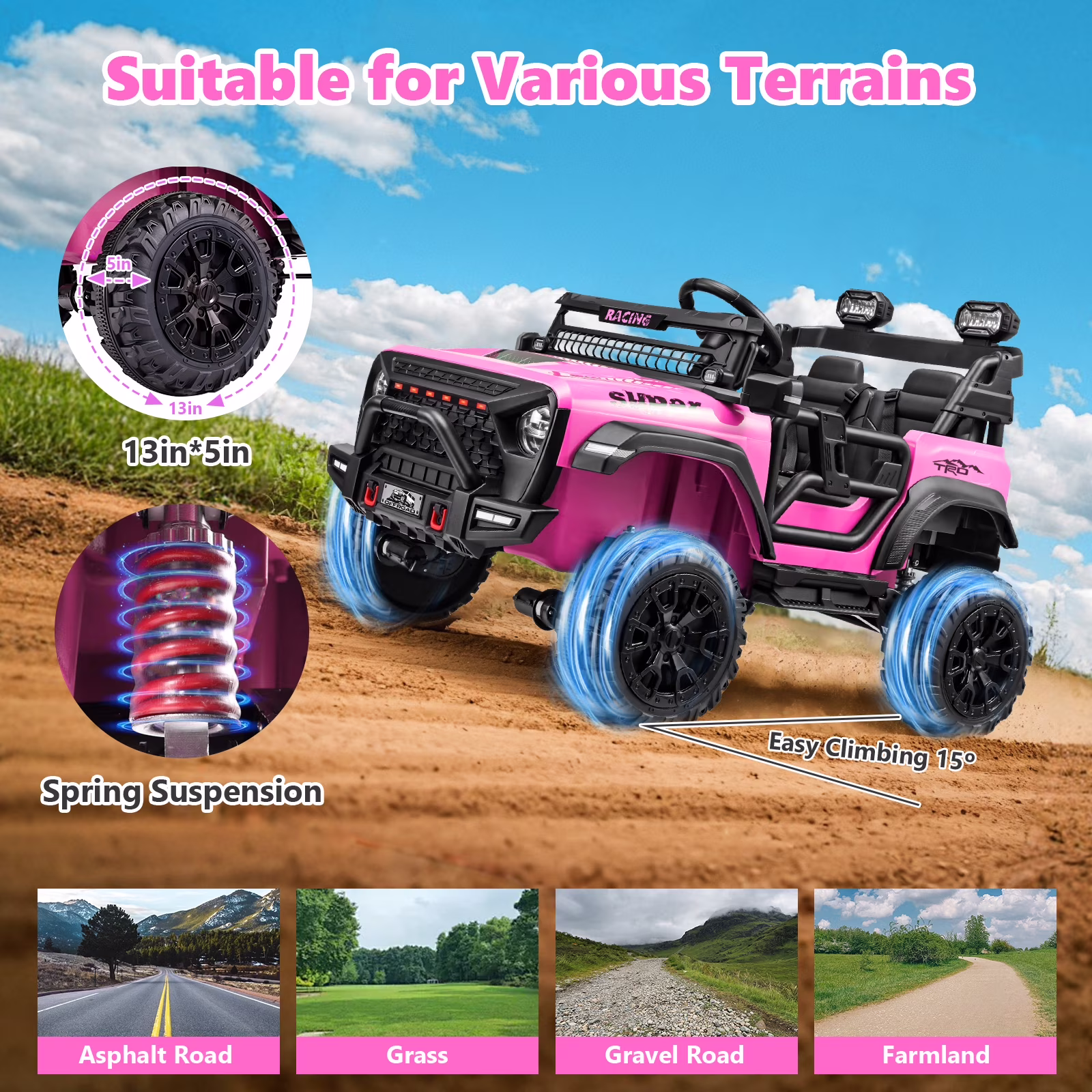 Farmdex 4WD 24V Ride on Cars with Remote Control, 2 XL Seaters, 9AH Electric Battery Powered Toys Car w/ 4 Wheels Spring Suspension, Bluetooth Music, LED Lights, 3 Speeds, Pink - Image 2