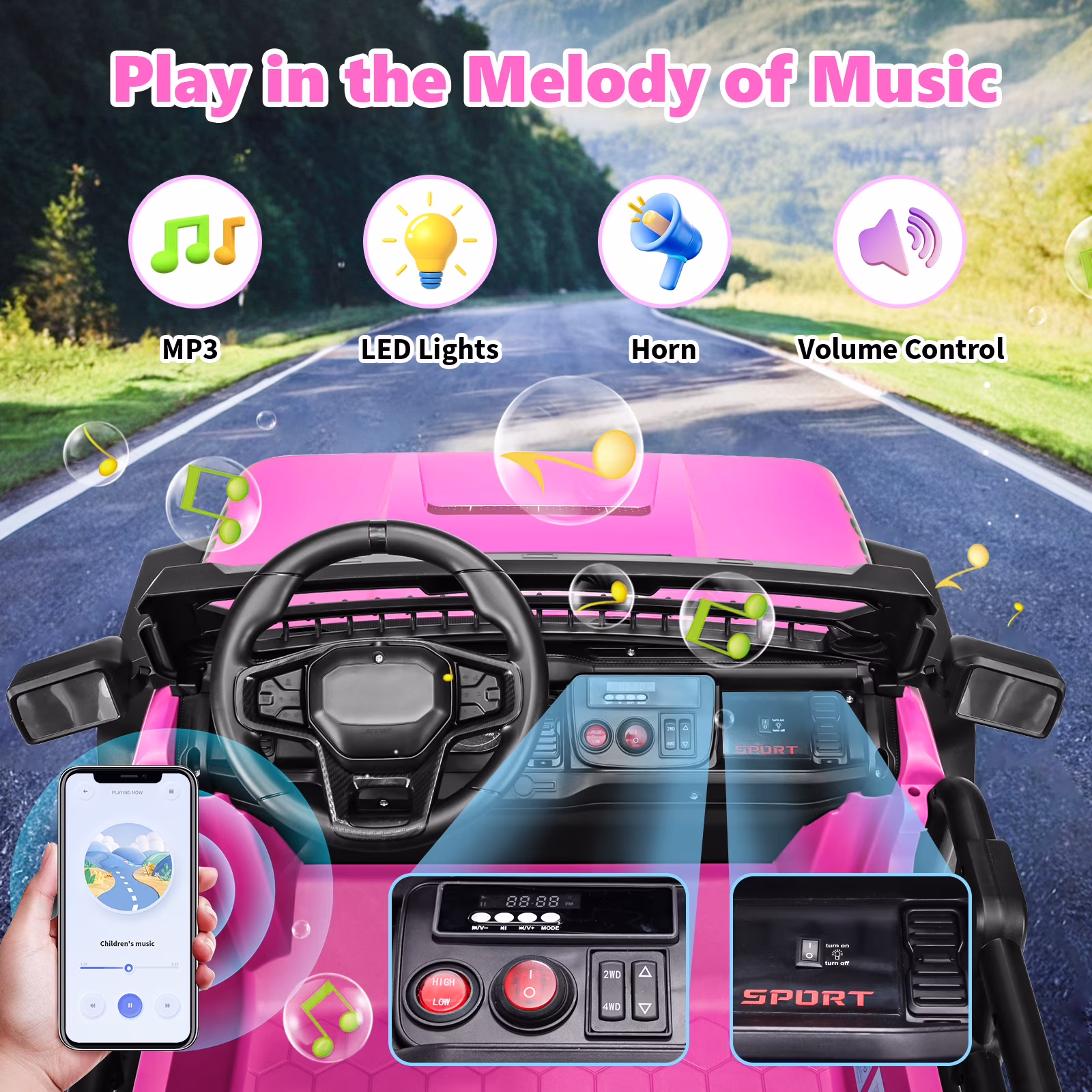 Farmdex 4WD 24V Ride on Cars with Remote Control, 2 XL Seaters, 9AH Electric Battery Powered Toys Car w/ 4 Wheels Spring Suspension, Bluetooth Music, LED Lights, 3 Speeds, Pink - Image 3