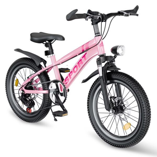 FKZNPJ Kids Mountain Bike for Boys & Girls Ages 7-12 – 7-Speed Gears, Dual Disc Brakes, Shock Absorber Front Fork, LED Light – Silver & Pink