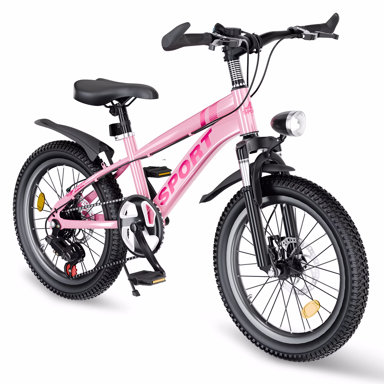 FKZNPJ Kids Mountain Bike for Boys & Girls Ages 7-12 – 7-Speed Gears, Dual Disc Brakes, Shock Absorber Front Fork, LED Light – Silver & Pink