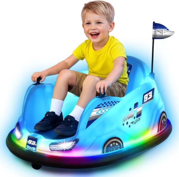 Flybar 12V Glow Bumper Car Ride On Toy with 360° Spins, Multi-Color LED Lights, Max Weight of 100lbs, Age 4-9yrs, Blue
