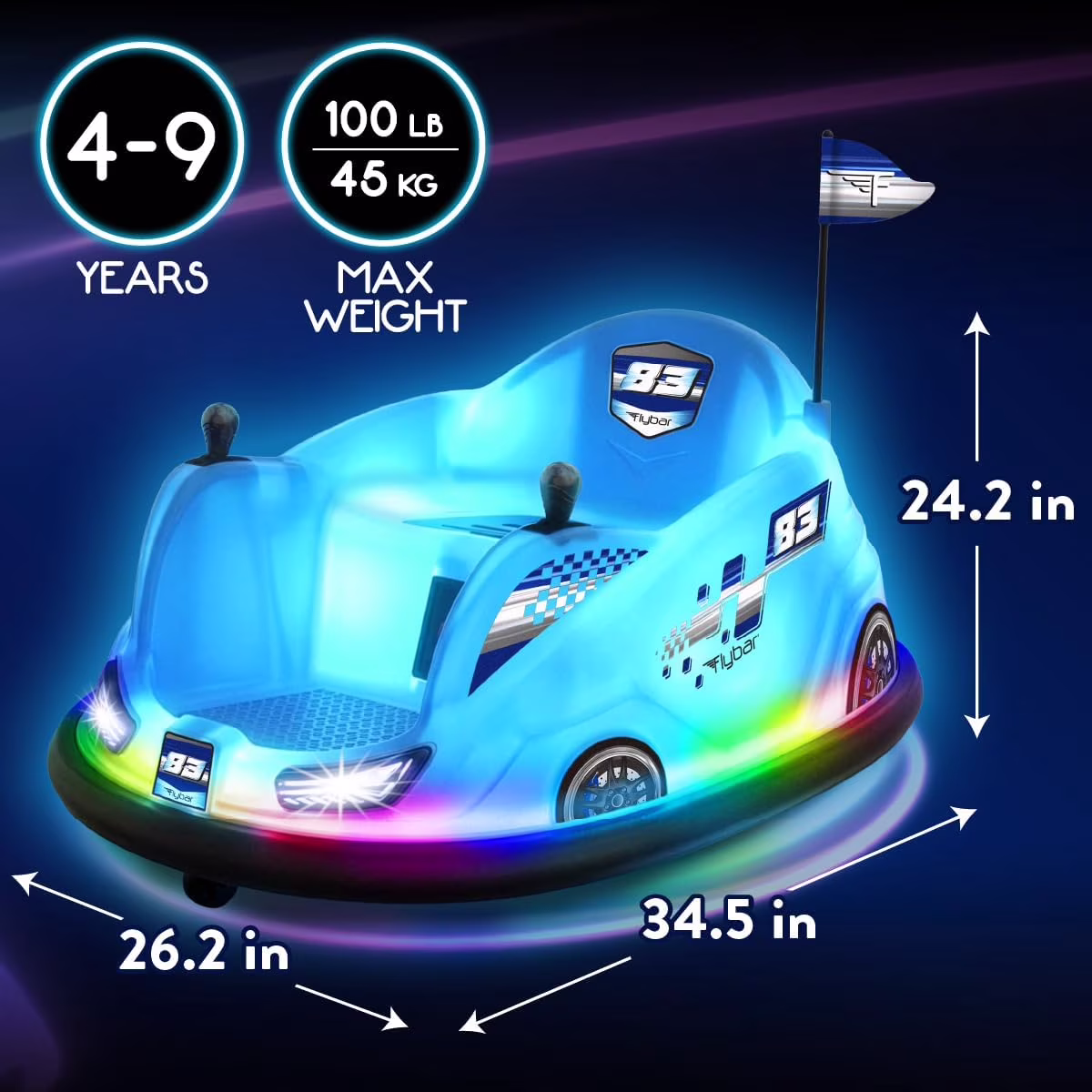 Flybar 12V Glow Bumper Car Ride On Toy with 360° Spins, Multi-Color LED Lights, Max Weight of 100lbs, Age 4-9yrs, Blue - Image 3