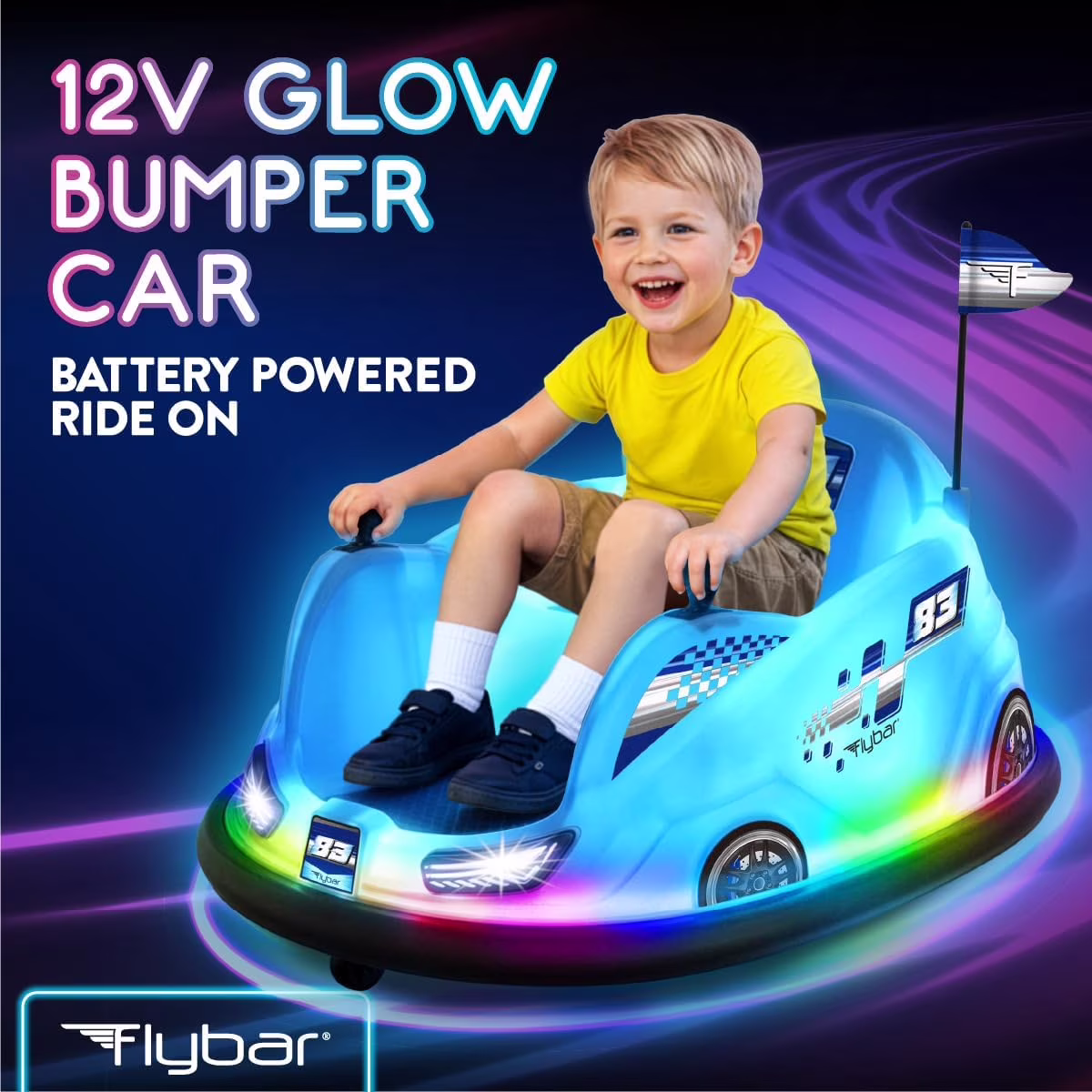 Flybar 12V Glow Bumper Car Ride On Toy with 360° Spins, Multi-Color LED Lights, Max Weight of 100lbs, Age 4-9yrs, Blue - Image 2