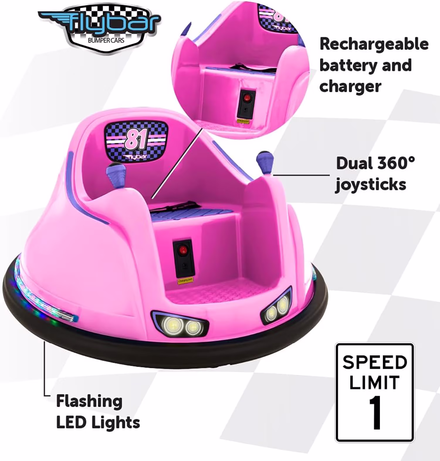 Flybar 6V Bumper Car for Toddlers Pink, Electric Ride on Toy for Kids Ages 1.5-4 with LED Lights & Safety Belt, 360 Degree Spin, Max Weight of 66 lbs - Image 5
