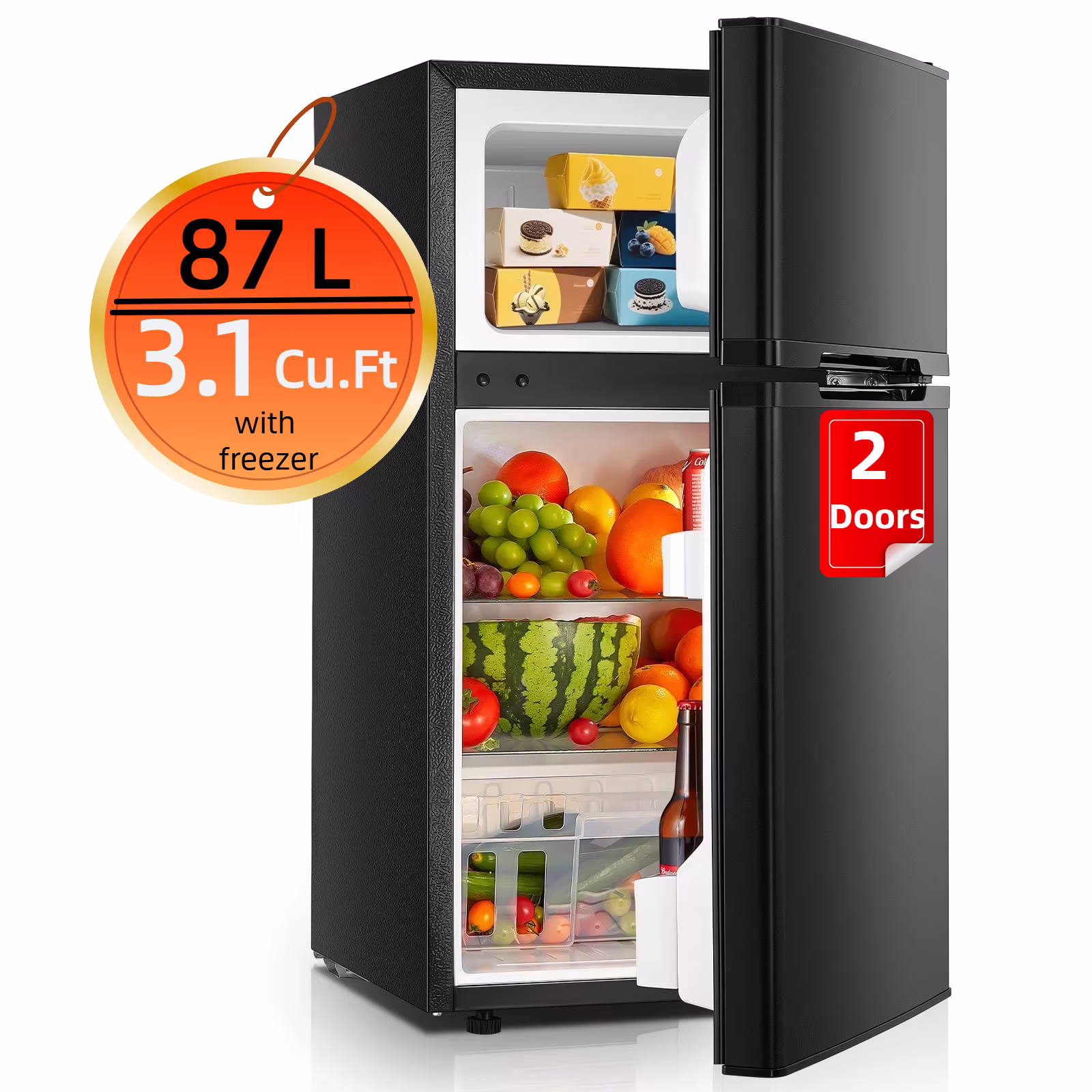 FOHERE 3.1 Cu. Ft. 2-Door Compact Mini Refrigerator with Freezer for Bedroom, Office & College Dorm