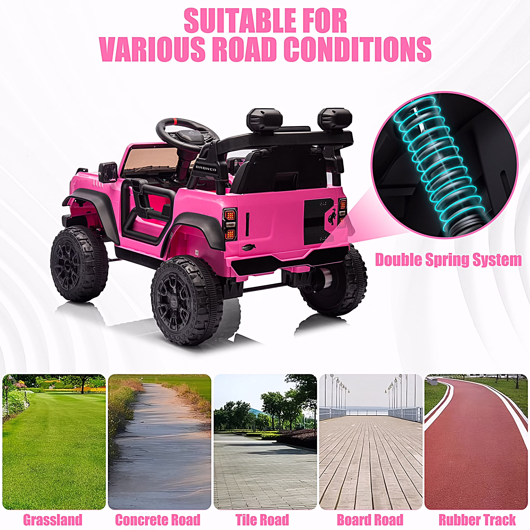 Ford Bronco Raptor 12V Powered Ride on Car, Ride on Toys with Remote Control, Electric Vehicle Ride on Trucks with Bluetooth Music, LED Light, Electric Car for Kids Boys Girls Ages 3-6, Pink - Image 4