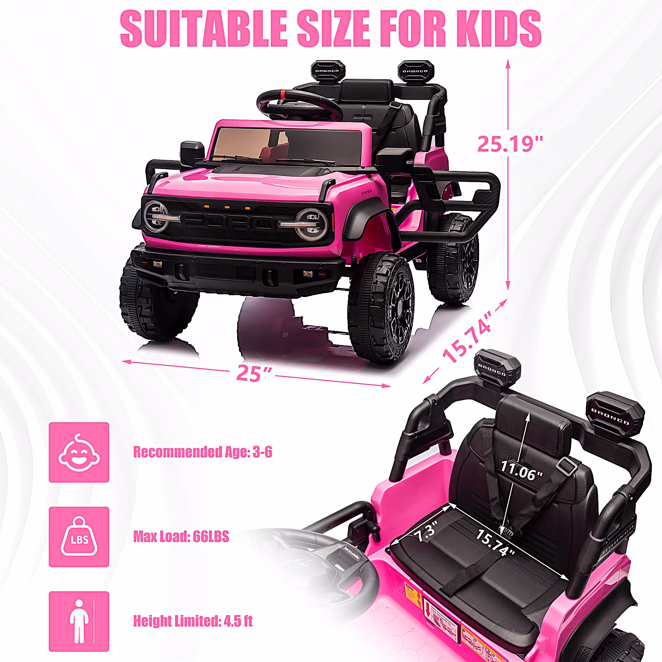 Ford Bronco Raptor 12V Powered Ride on Car, Ride on Toys with Remote Control, Electric Vehicle Ride on Trucks with Bluetooth Music, LED Light, Electric Car for Kids Boys Girls Ages 3-6, Pink - Image 5