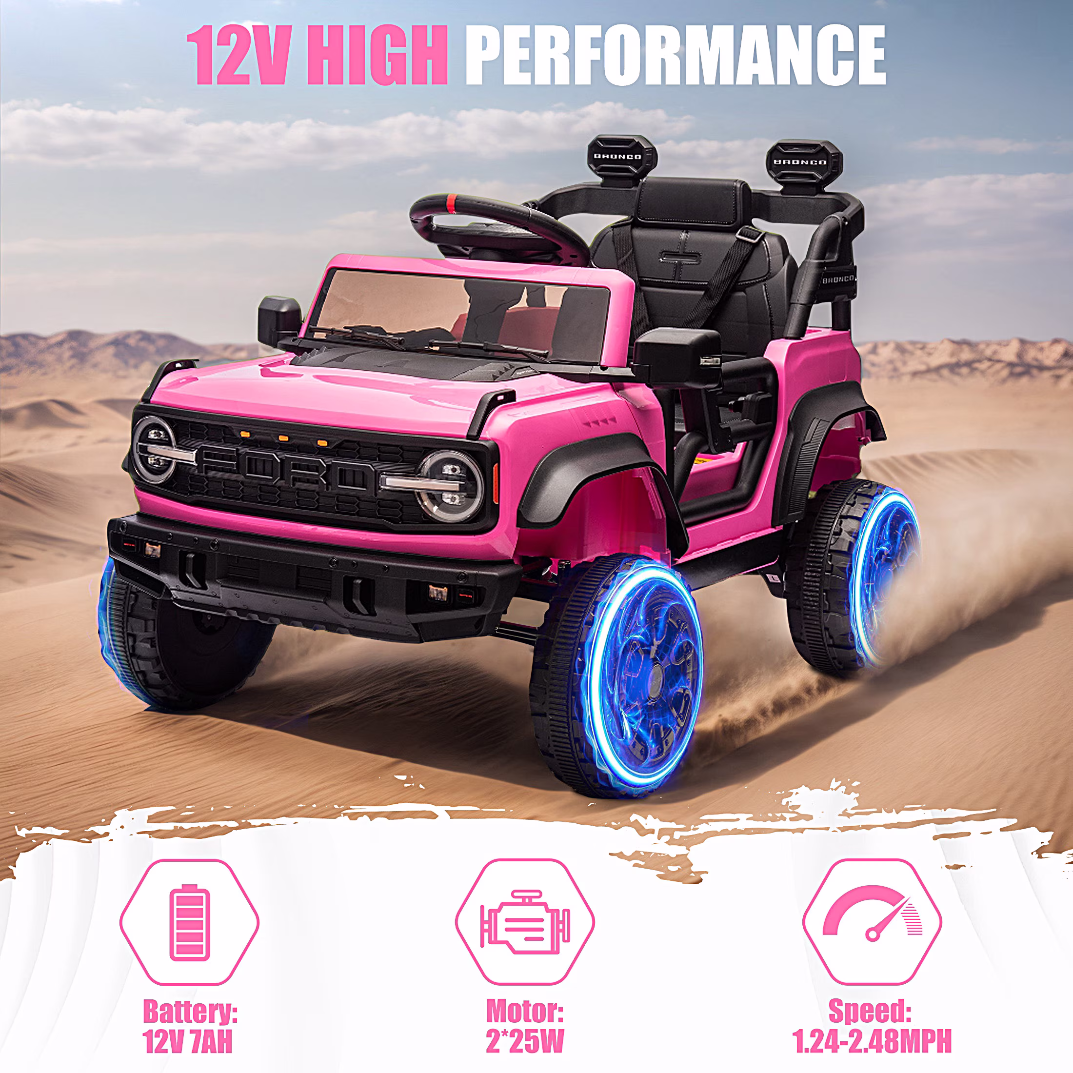Ford Bronco Raptor 12V Powered Ride on Car, Ride on Toys with Remote Control, Electric Vehicle Ride on Trucks with Bluetooth Music, LED Light, Electric Car for Kids Boys Girls Ages 3-6, Pink - Image 2