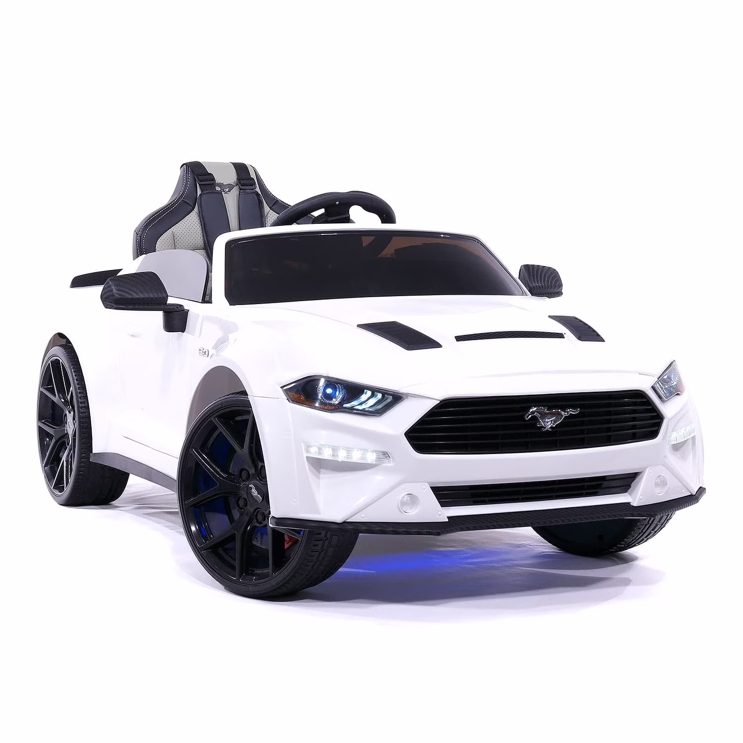 Ford Mustang GT Kids 24V Electric Ride-On Car w R/C Parental Control Remote, LED Foam wheels + Underbody LED Kit, MP3 + Wireless Music Streaming, Car Cover, Vegan Leather Seat