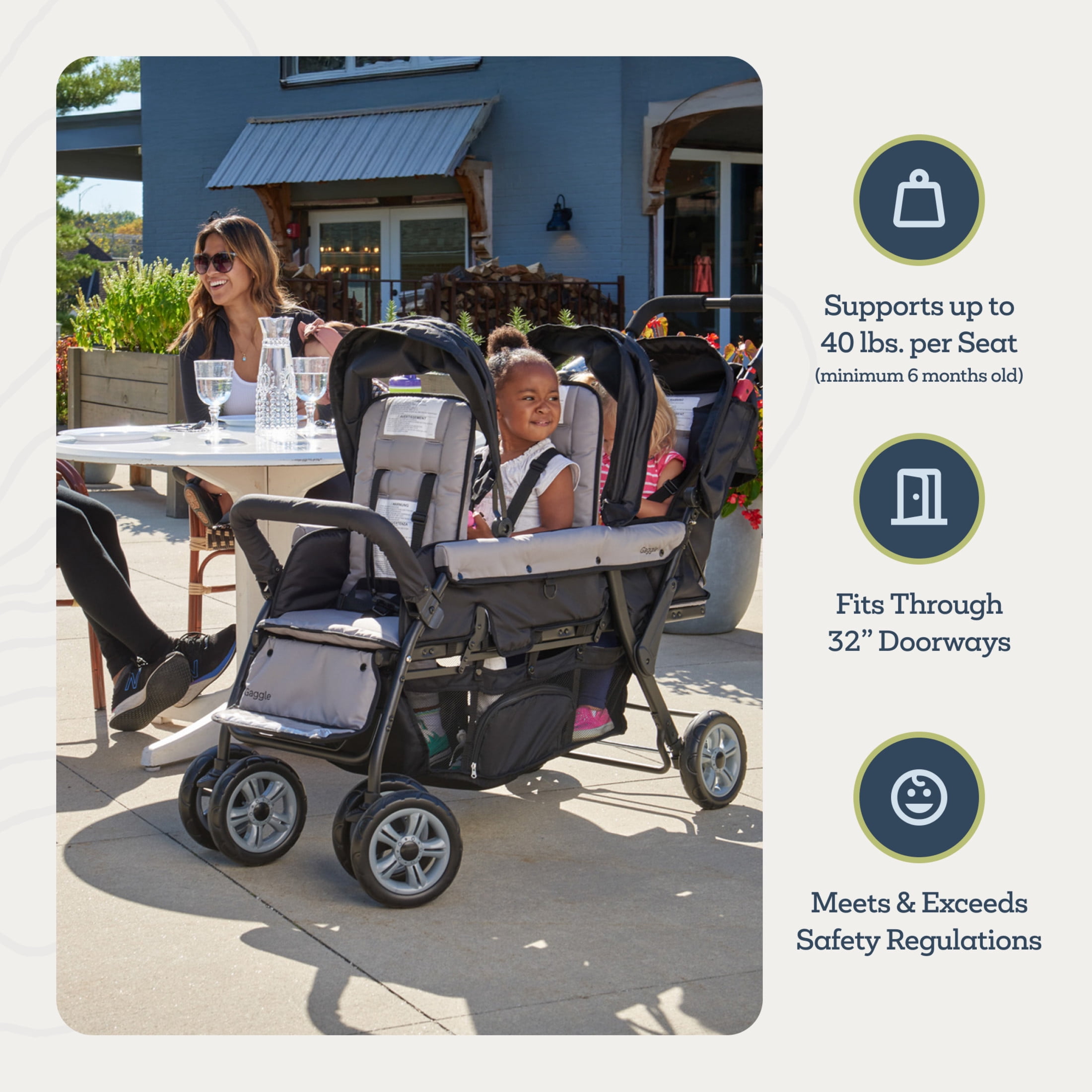 Foundations Compass Trio Triple Stroller, 3-Seat Tandem with Canopies and Reclining Seats, Black - Image 3