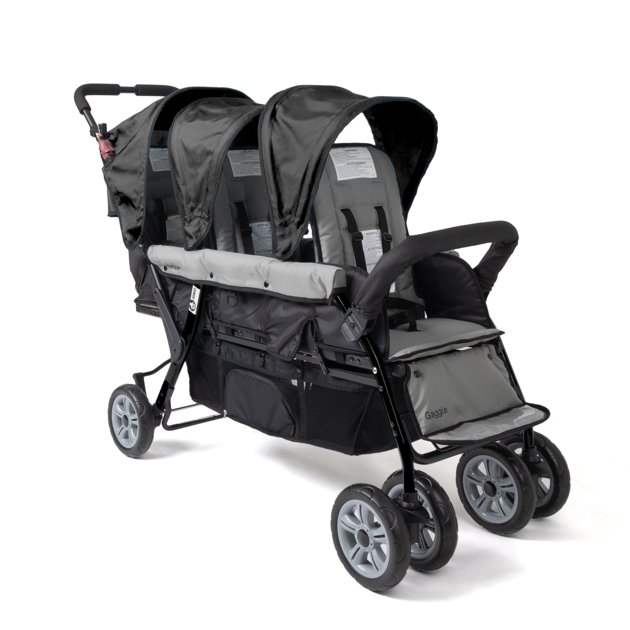 Foundations Compass Trio Triple Stroller, 3-Seat Tandem with Canopies and Reclining Seats, Black