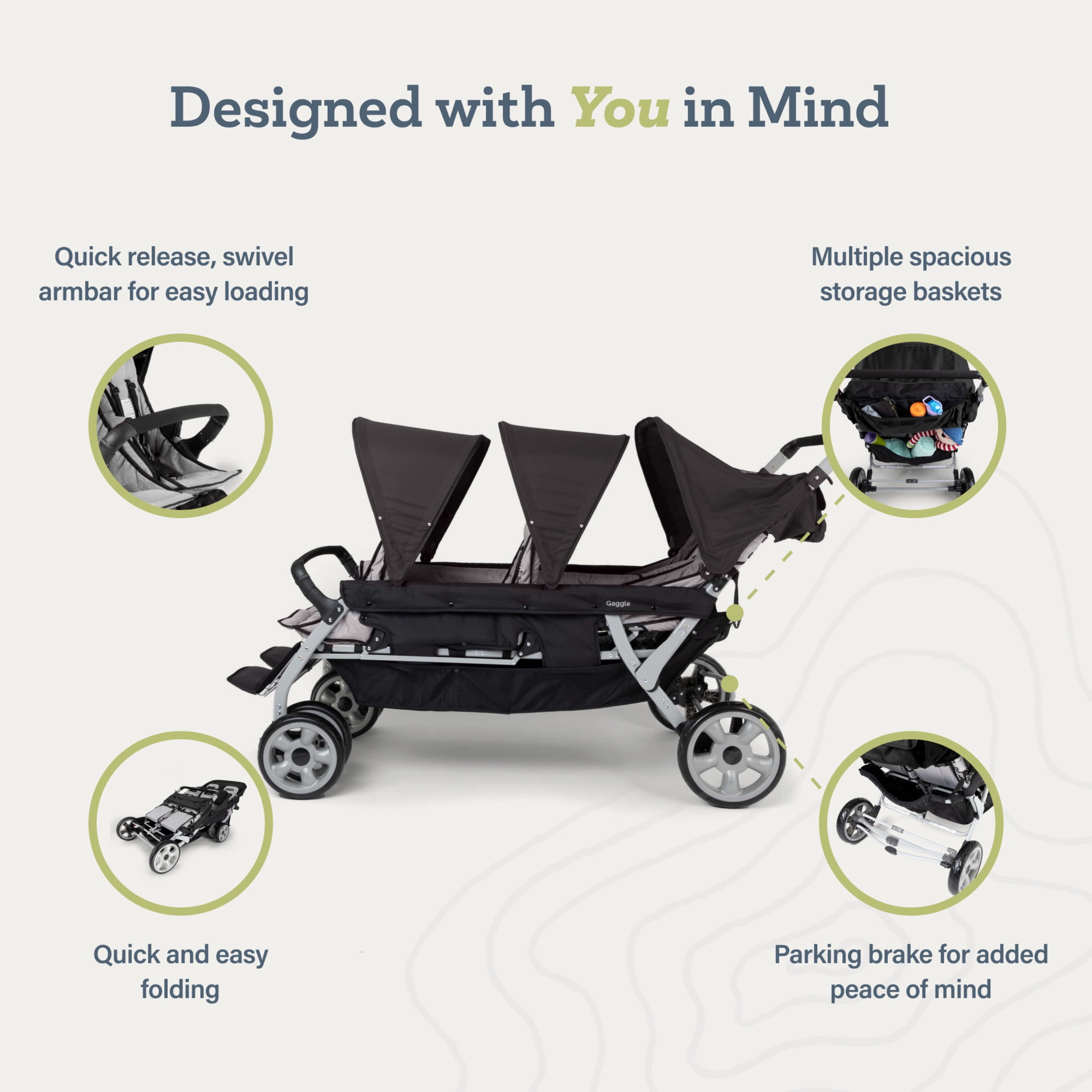 Foundations Gaggle Jamboree 6-Seat Folding Daycare Stroller with UV Canopies, Reclining Seats, Black - Image 3