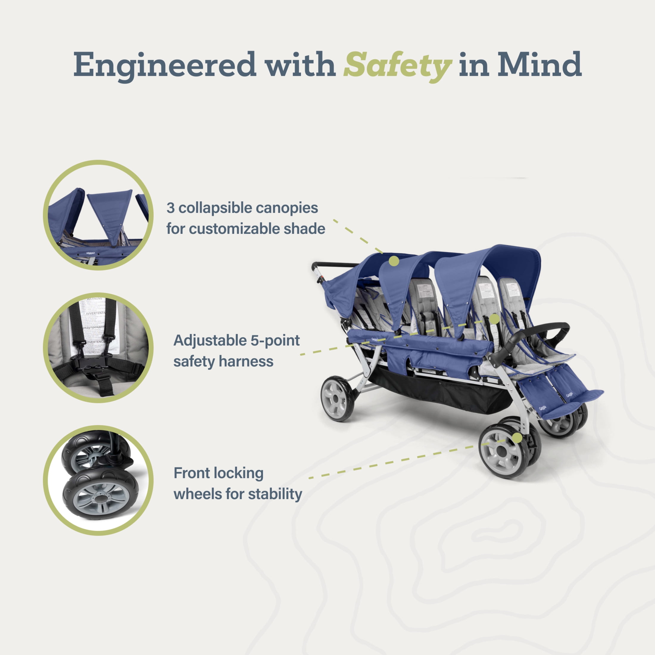 Foundations Gaggle Jamboree 6-Seat Folding Daycare Stroller with UV Canopies, Reclining Seats, Black - Image 5