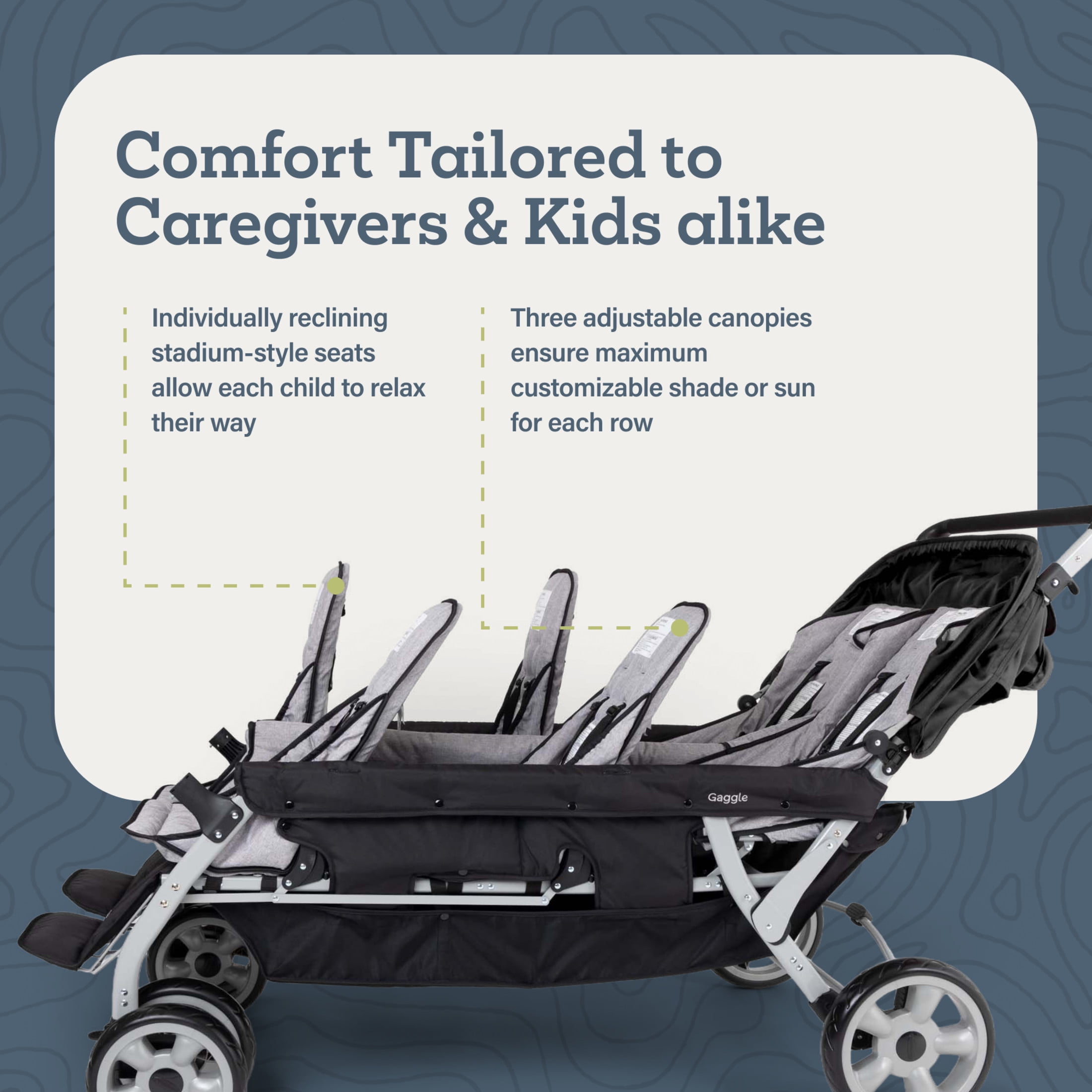 Foundations Gaggle Jamboree 6-Seat Folding Daycare Stroller with UV Canopies, Reclining Seats, Black - Image 4